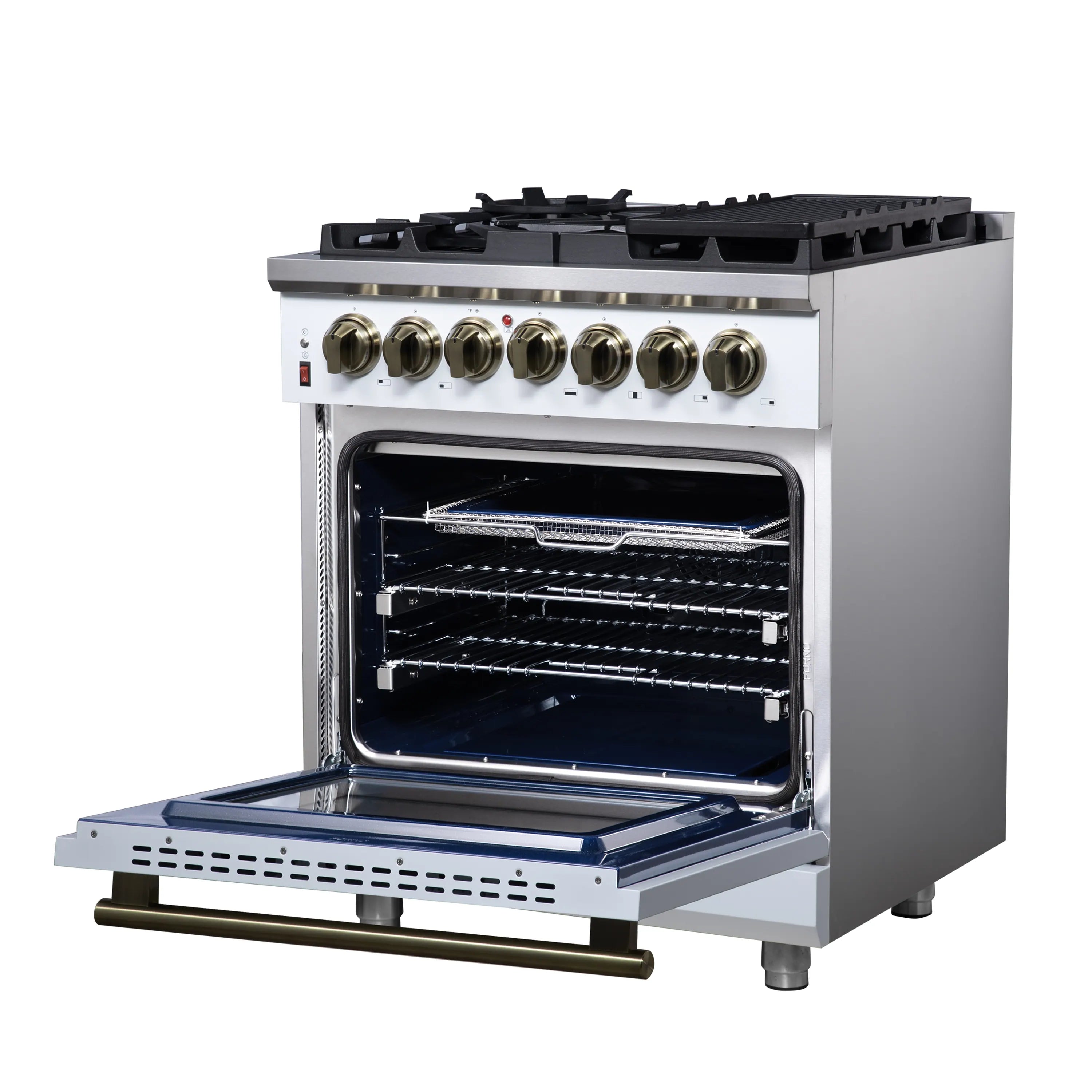 Forno Massimo 30-Inch Freestanding Dual Fuel Range with 5 Burners & 4.32 Cu. Ft. Convection Oven in White with Antique Brass Handle (FFSGS6125-30WHT)