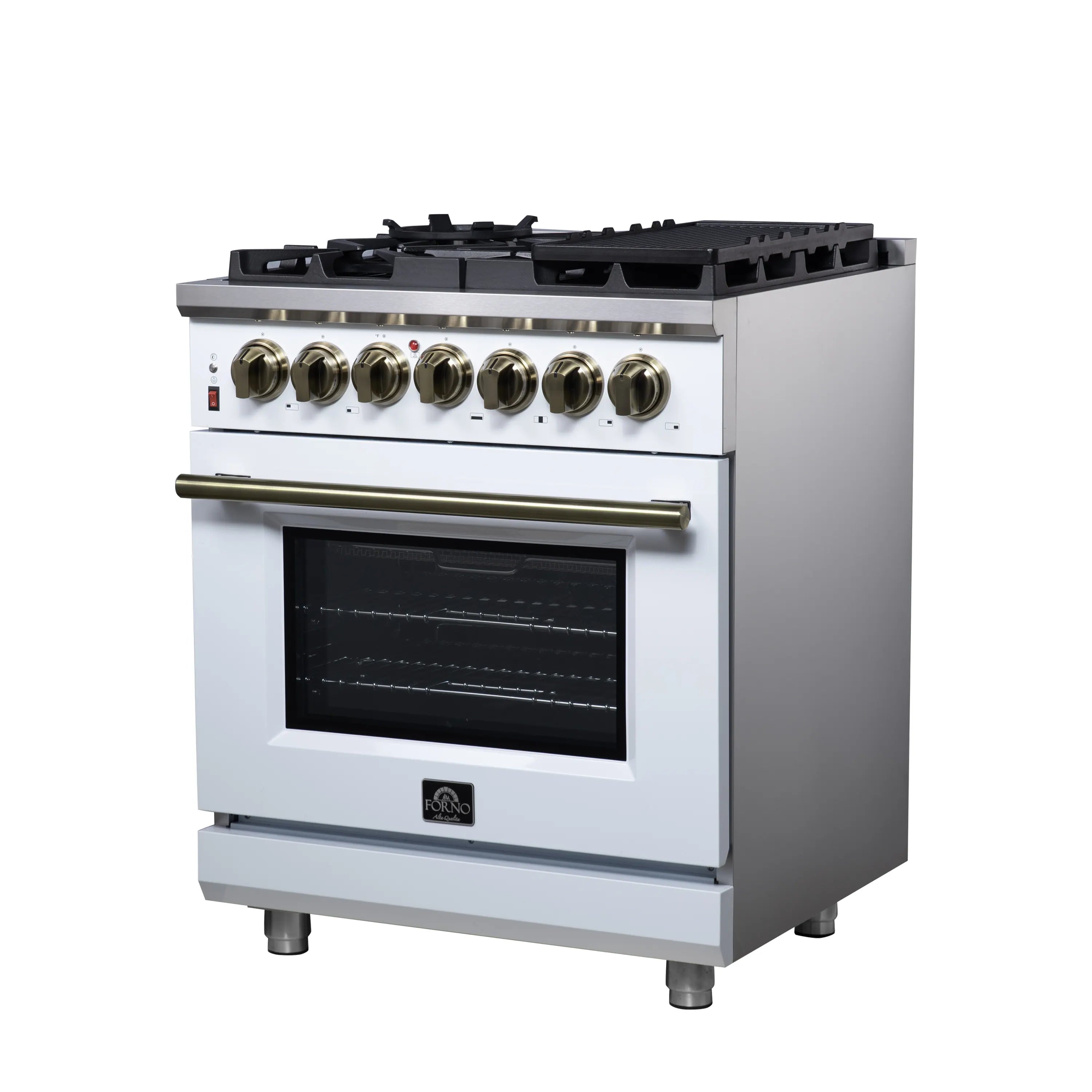 Forno Massimo 30-Inch Freestanding Dual Fuel Range with 5 Burners & 4.32 Cu. Ft. Convection Oven in White with Antique Brass Handle (FFSGS6125-30WHT)