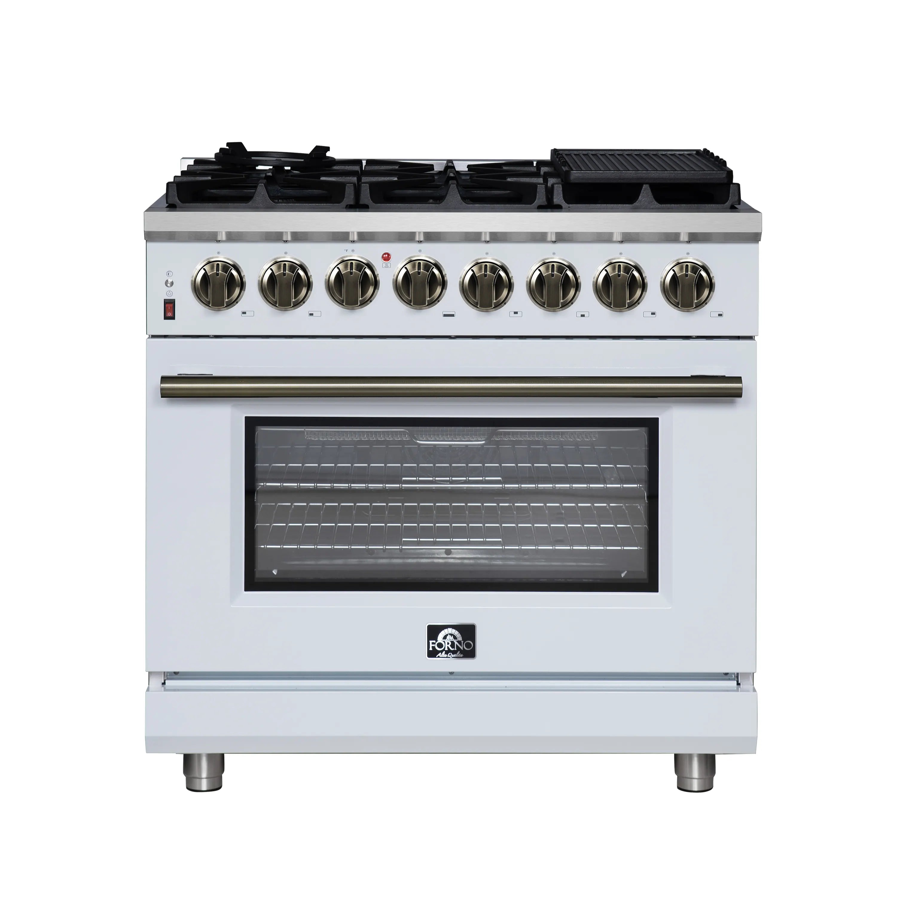 Forno Massimo 36-Inch Freestanding Dual Fuel Range with 6 Burners & 5.36 Cu. Ft. Convection Oven in White with Antique Brass Handle (FFSGS6125-36WHT)