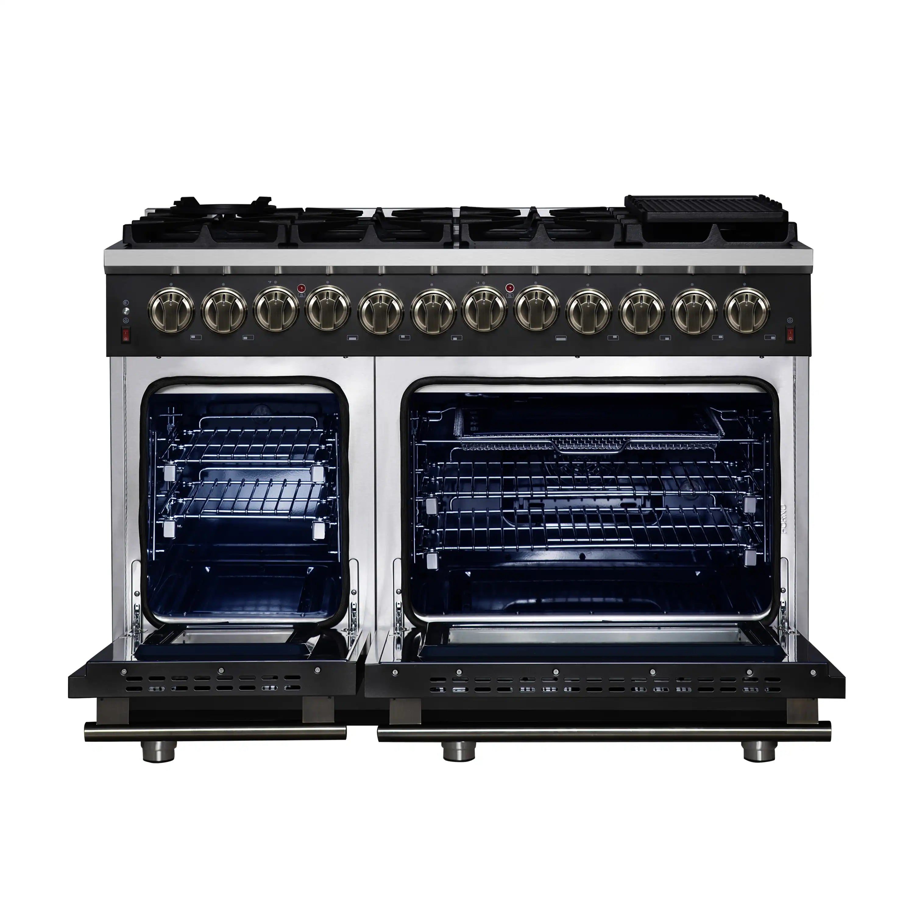 Forno Massimo 48-Inch Freestanding Dual Fuel Range with 8 Burners & 6.58 Cu. Ft. Convection Oven in Black with Antique Brass Trim (FFSGS6125-48BLK)
