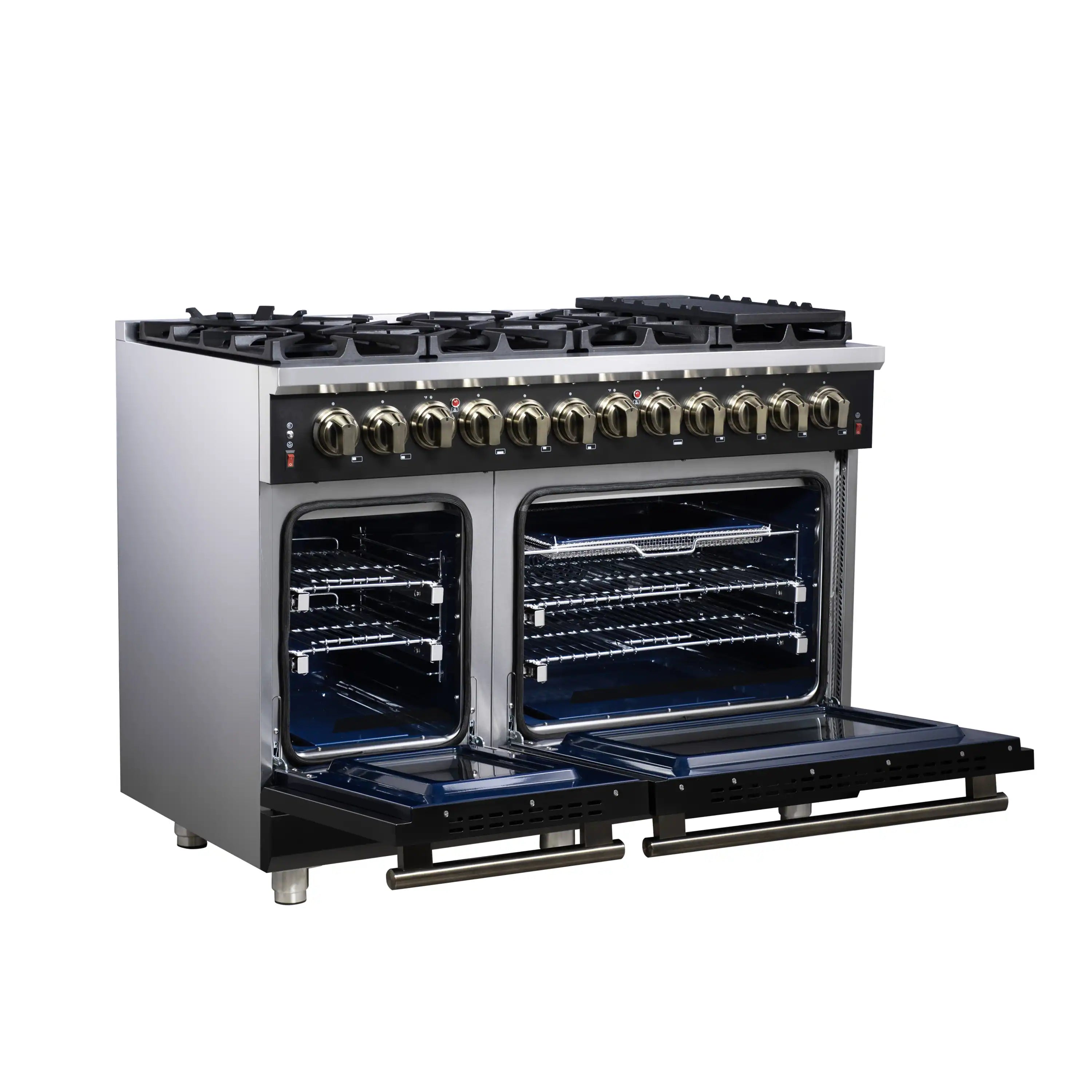 Forno Massimo 48-Inch Freestanding Dual Fuel Range with 8 Burners & 6.58 Cu. Ft. Convection Oven in Black with Antique Brass Trim (FFSGS6125-48BLK)