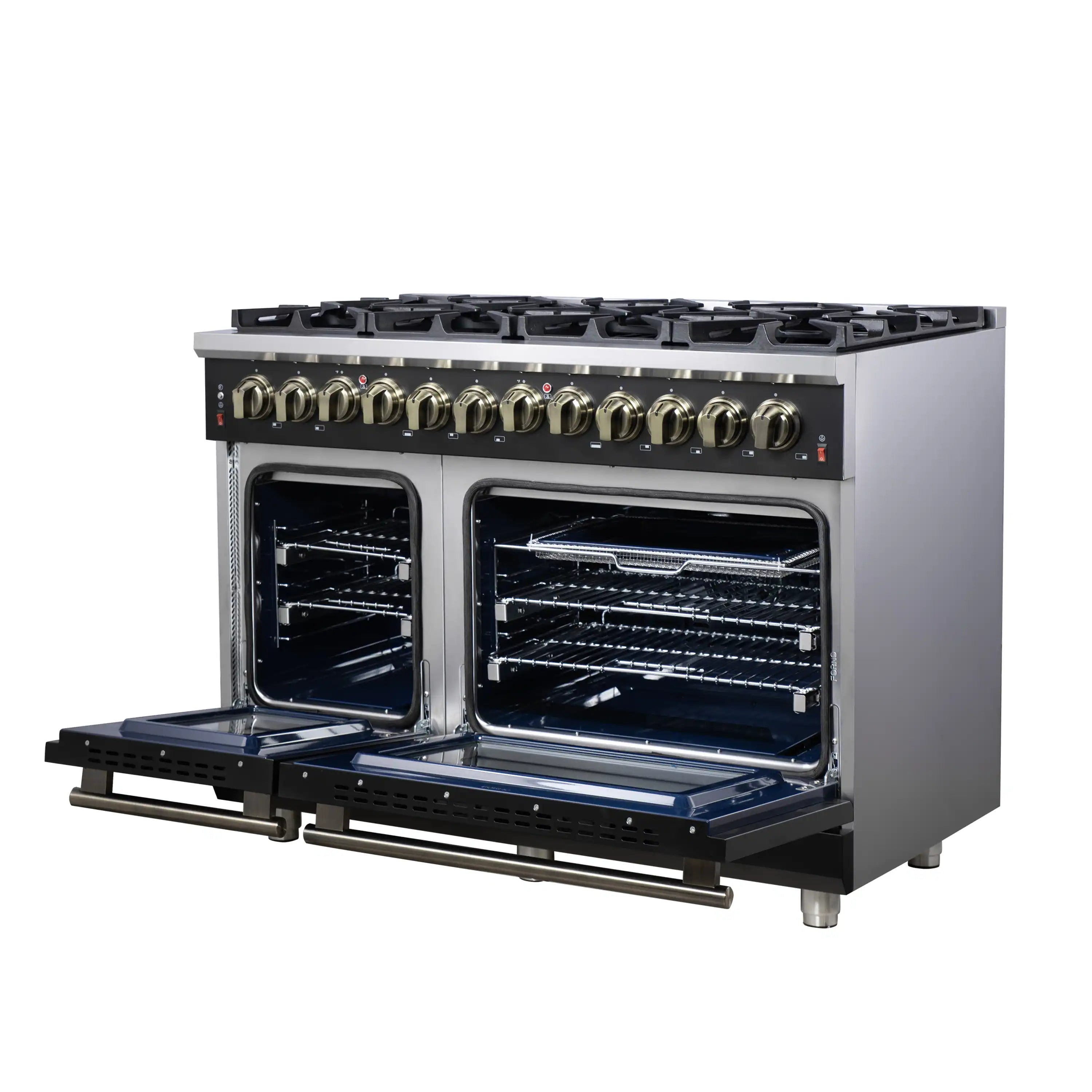 Forno Massimo 48-Inch Freestanding Dual Fuel Range with 8 Burners & 6.58 Cu. Ft. Convection Oven in Black with Antique Brass Trim (FFSGS6125-48BLK)