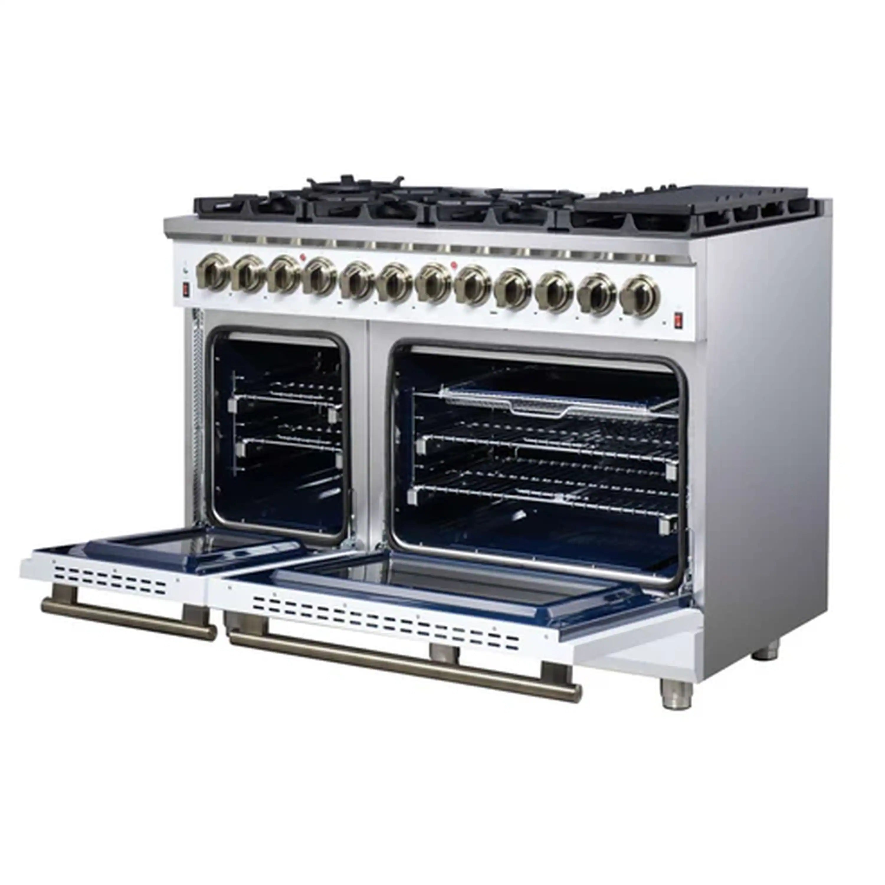 Forno Massimo 48-Inch Freestanding Dual Fuel Range with 8 Burners & 6.58 Cu. Ft. Convection Oven in White with Antique Brass Trim (FFSGS6125-48WHT)