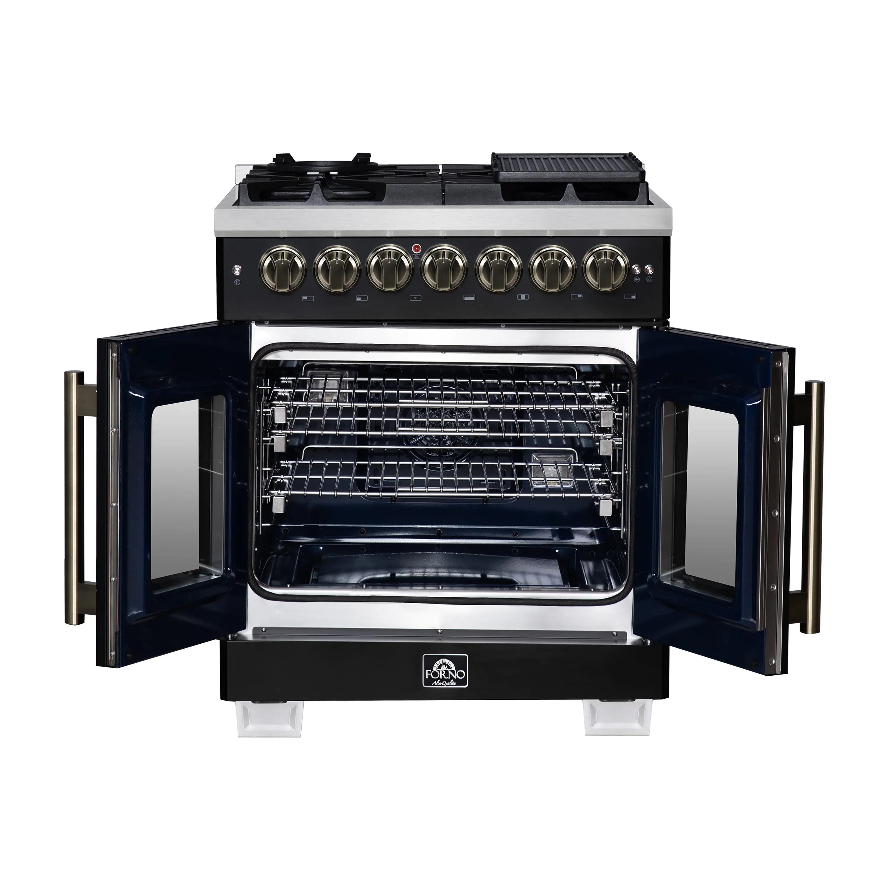 Forno Capriasca 30-Inch Freestanding French Door Dual Fuel Range in Black with Antique Brass Handle (FFSGS6387-30BLK)