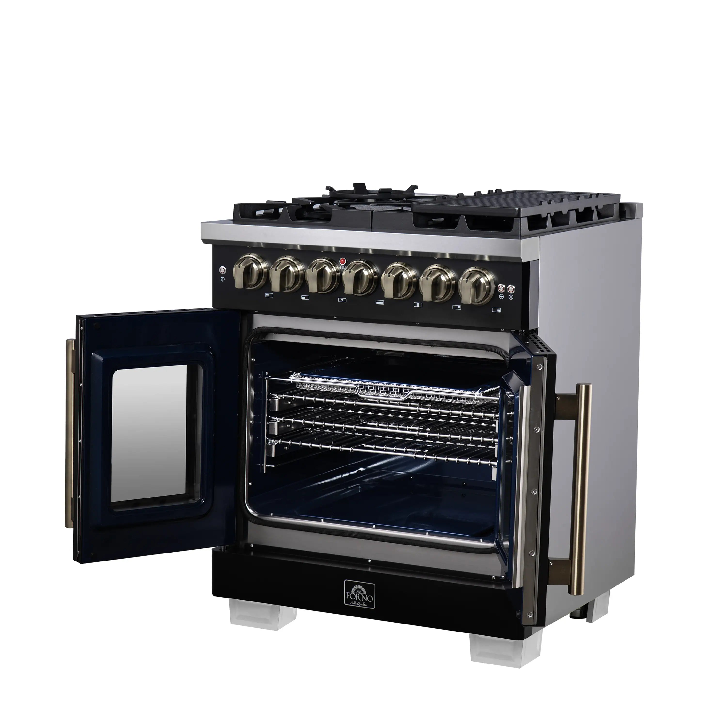 Forno Capriasca 30-Inch Freestanding French Door Dual Fuel Range in Black with Antique Brass Handle (FFSGS6387-30BLK)