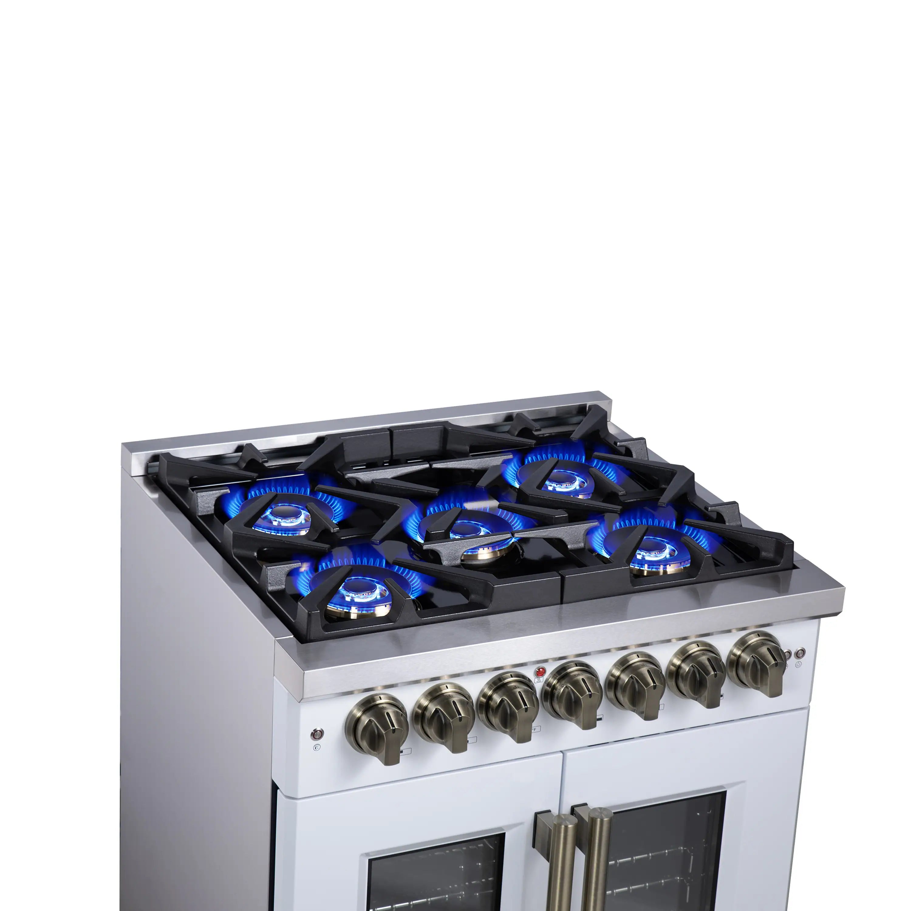 Forno Capriasca 30-Inch Freestanding French Door Dual Fuel Range in White with Antique Brass Handle (FFSGS6387-30WHT)