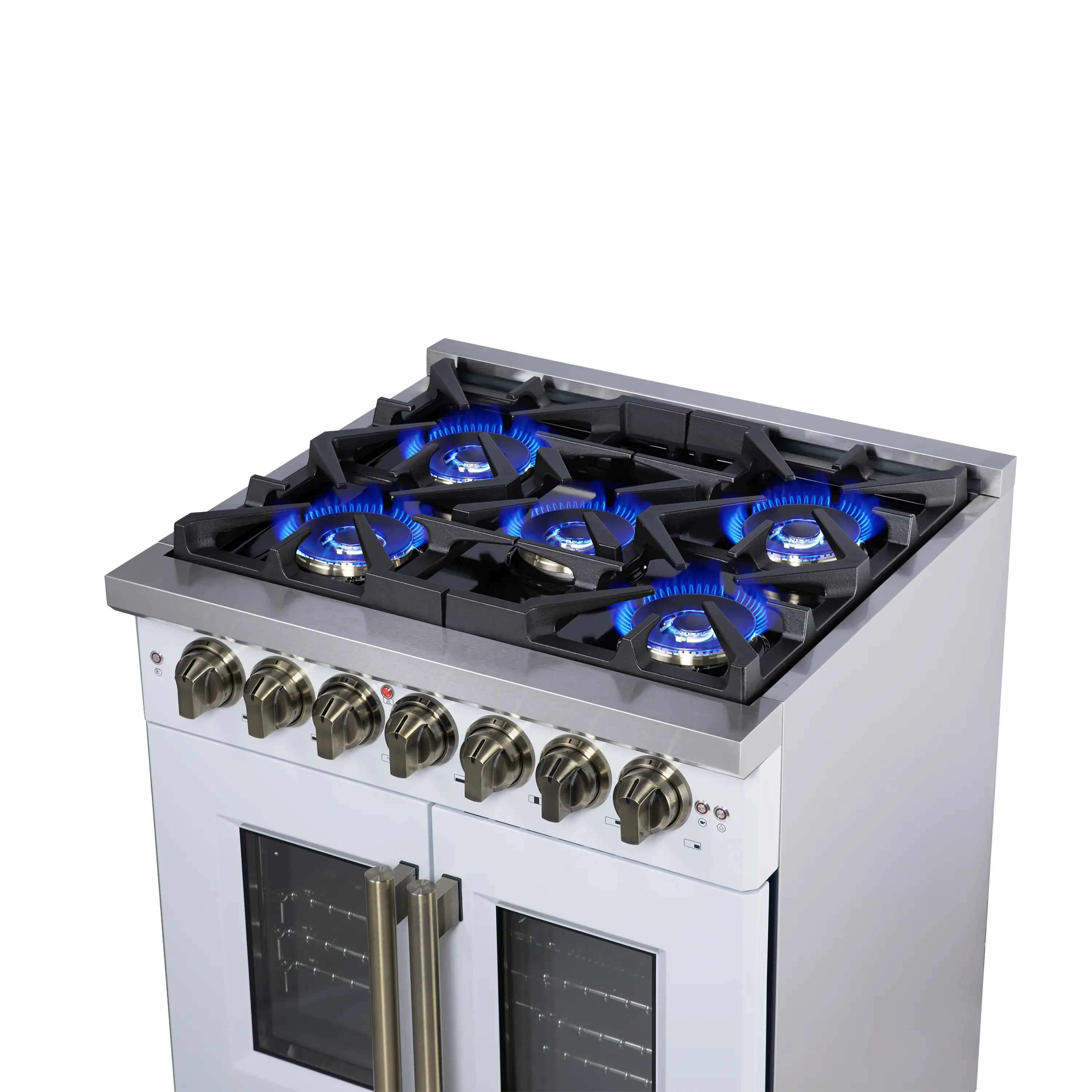 Forno Capriasca 30-Inch Freestanding French Door Dual Fuel Range in White with Antique Brass Handle (FFSGS6387-30WHT)
