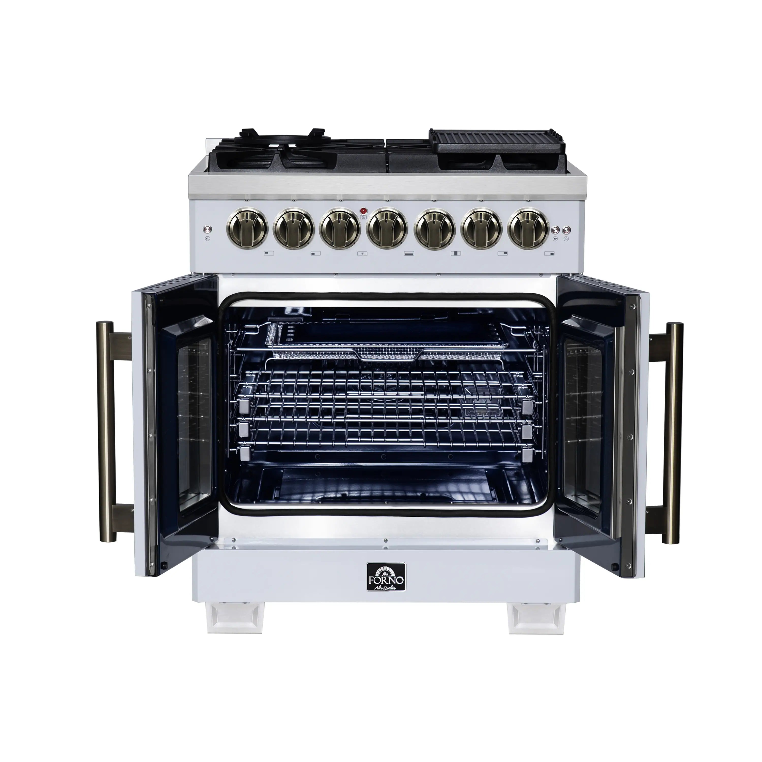 Forno Capriasca 30-Inch Freestanding French Door Dual Fuel Range in White with Antique Brass Handle (FFSGS6387-30WHT)