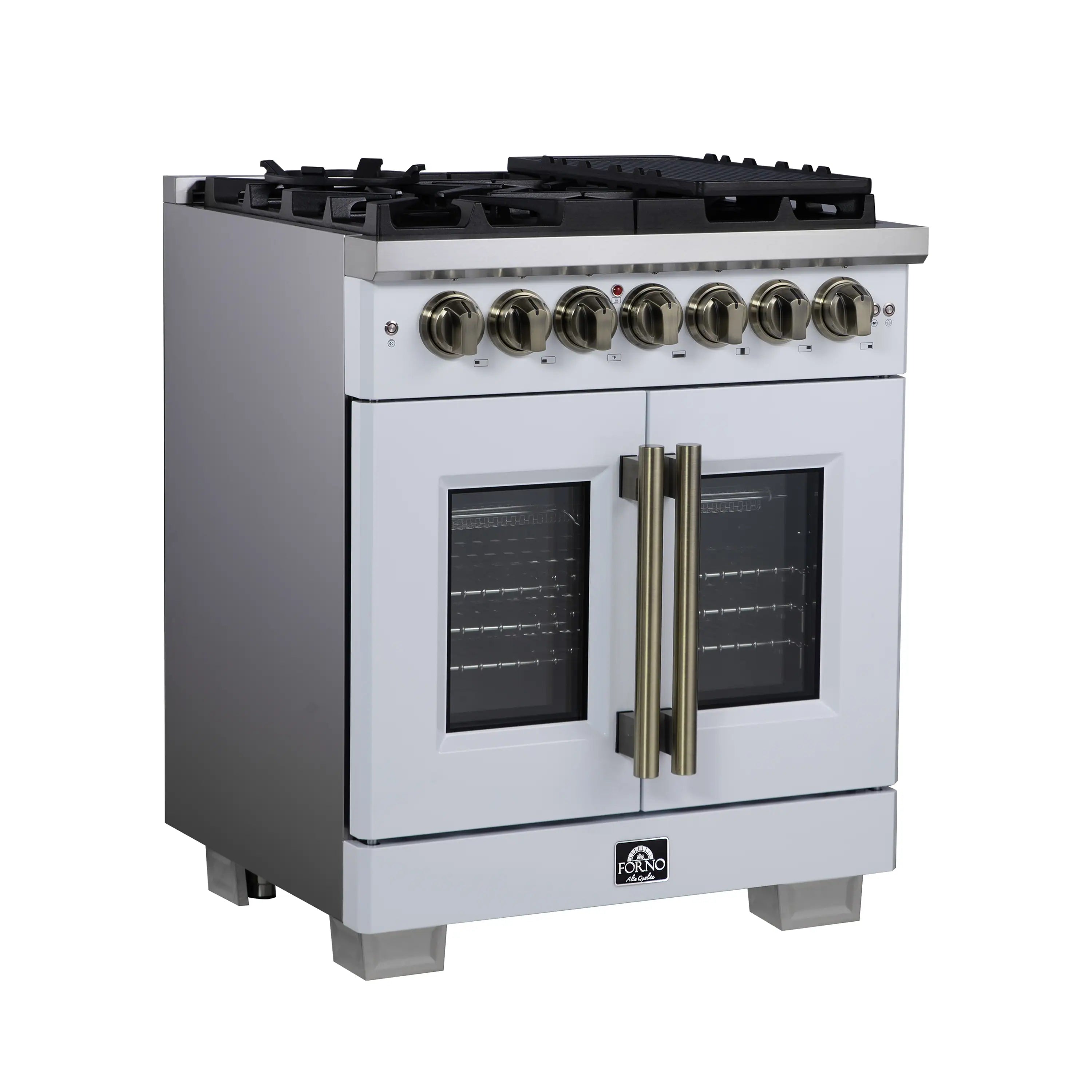 Forno Capriasca 30-Inch Freestanding French Door Dual Fuel Range in White with Antique Brass Handle (FFSGS6387-30WHT)