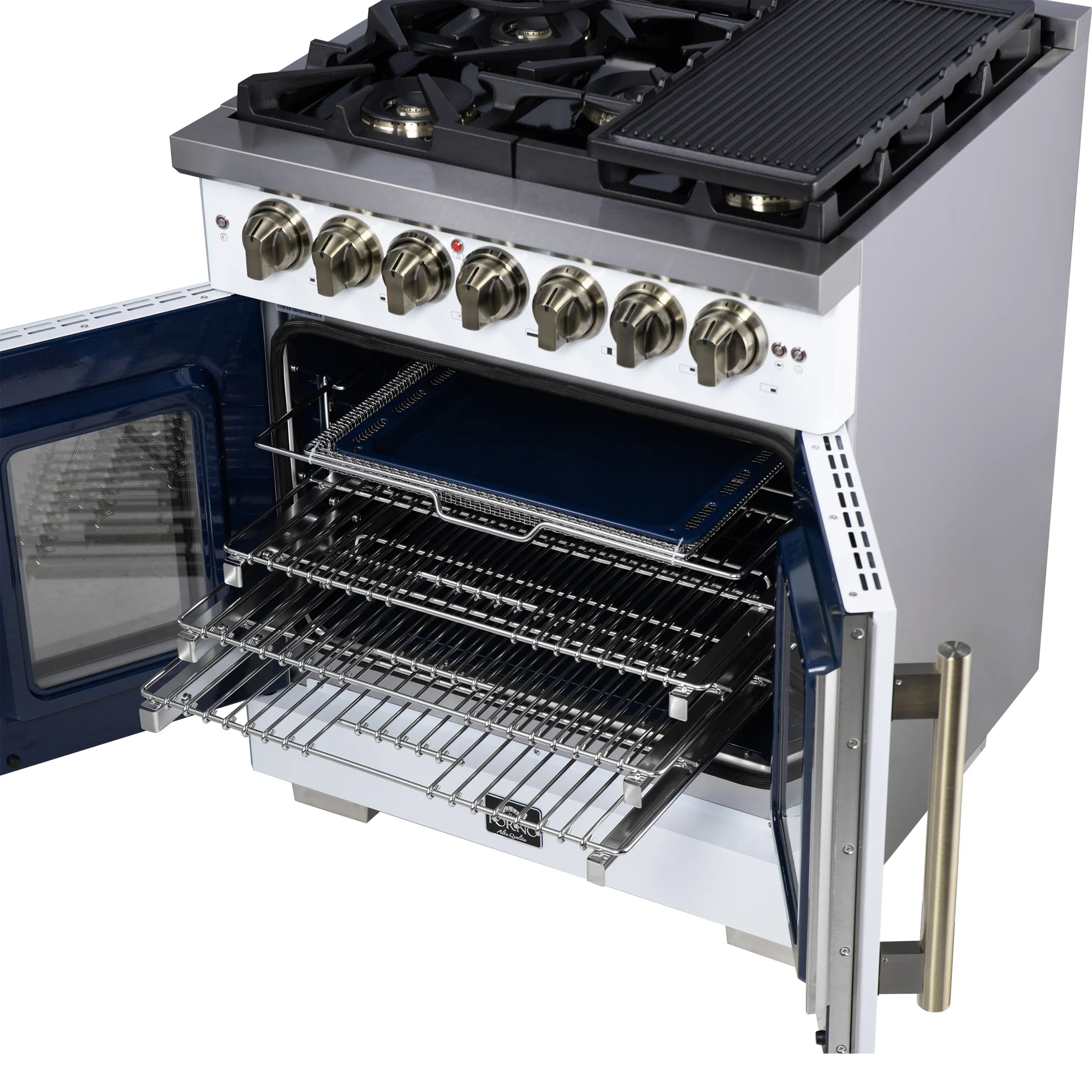 Forno Capriasca 30-Inch Freestanding French Door Dual Fuel Range in White with Antique Brass Handle (FFSGS6387-30WHT)