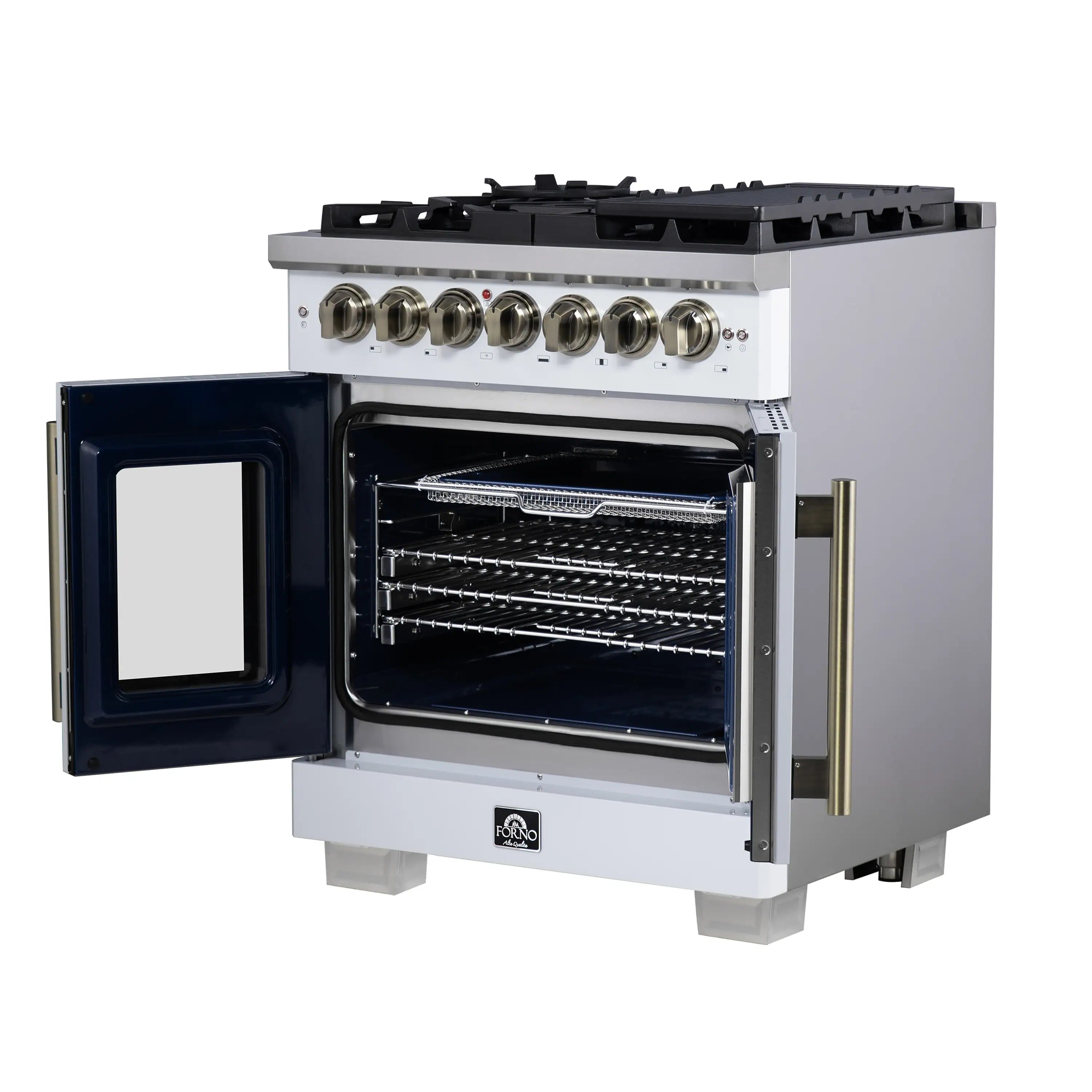 Forno Capriasca 30-Inch Freestanding French Door Dual Fuel Range in White with Antique Brass Handle (FFSGS6387-30WHT)