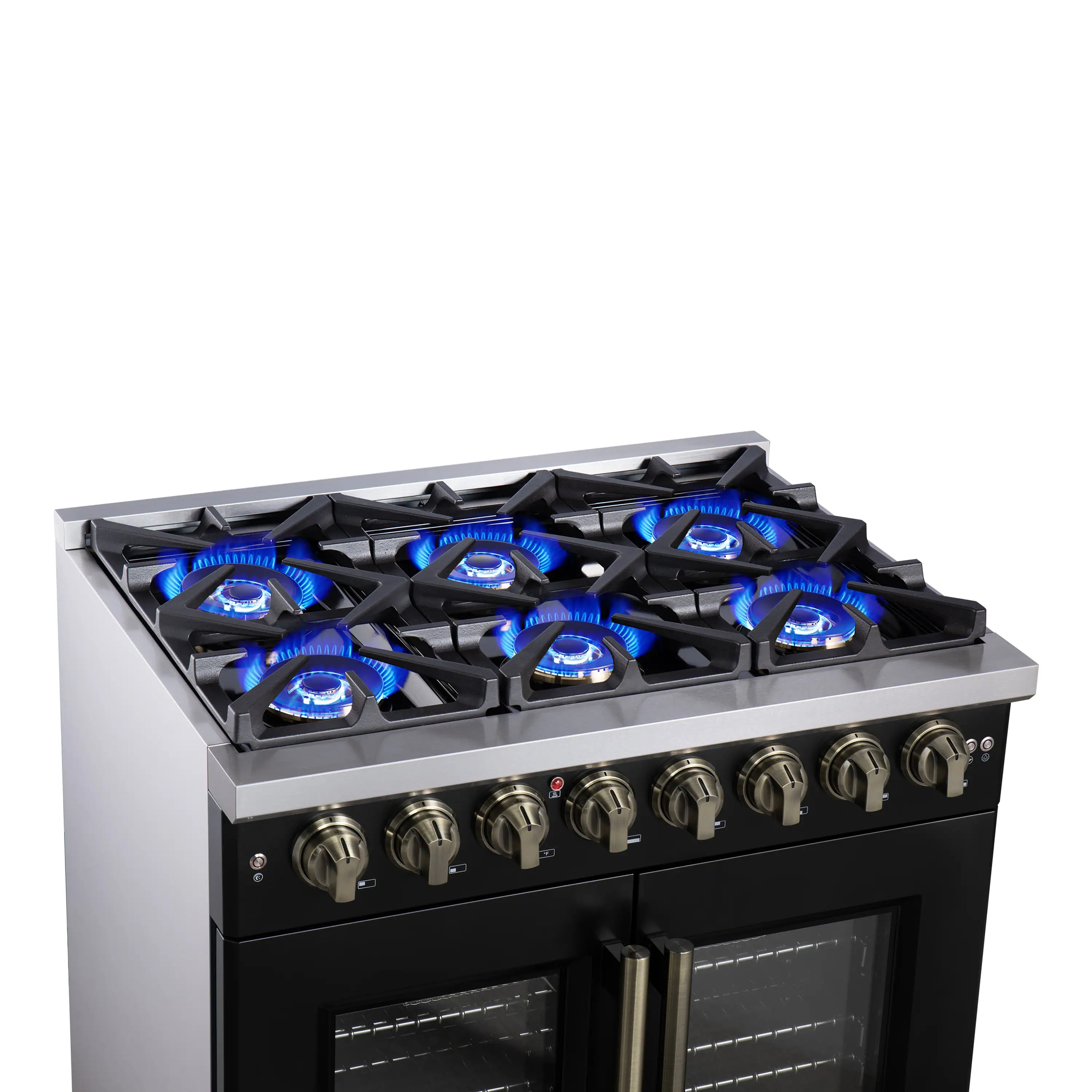 Forno Capriasca 36-Inch Freestanding French Door Dual Fuel Range in Black with Antique Brass Handle (FFSGS6387-36BLK)