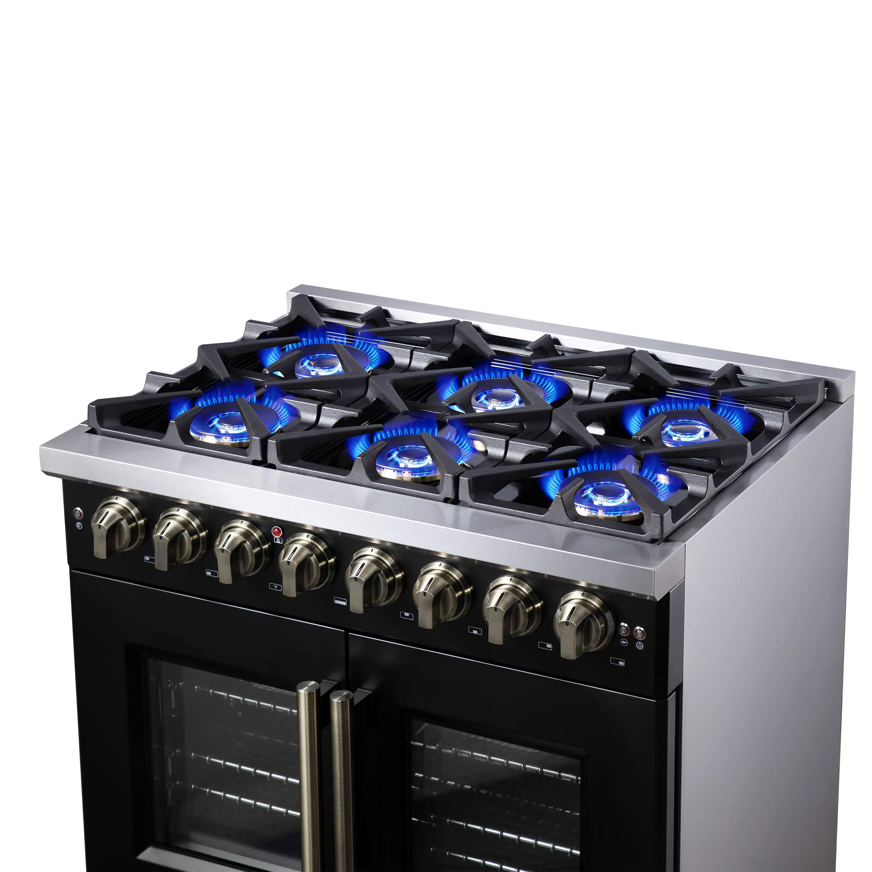 Forno Capriasca 36-Inch Freestanding French Door Dual Fuel Range in Black with Antique Brass Handle (FFSGS6387-36BLK)