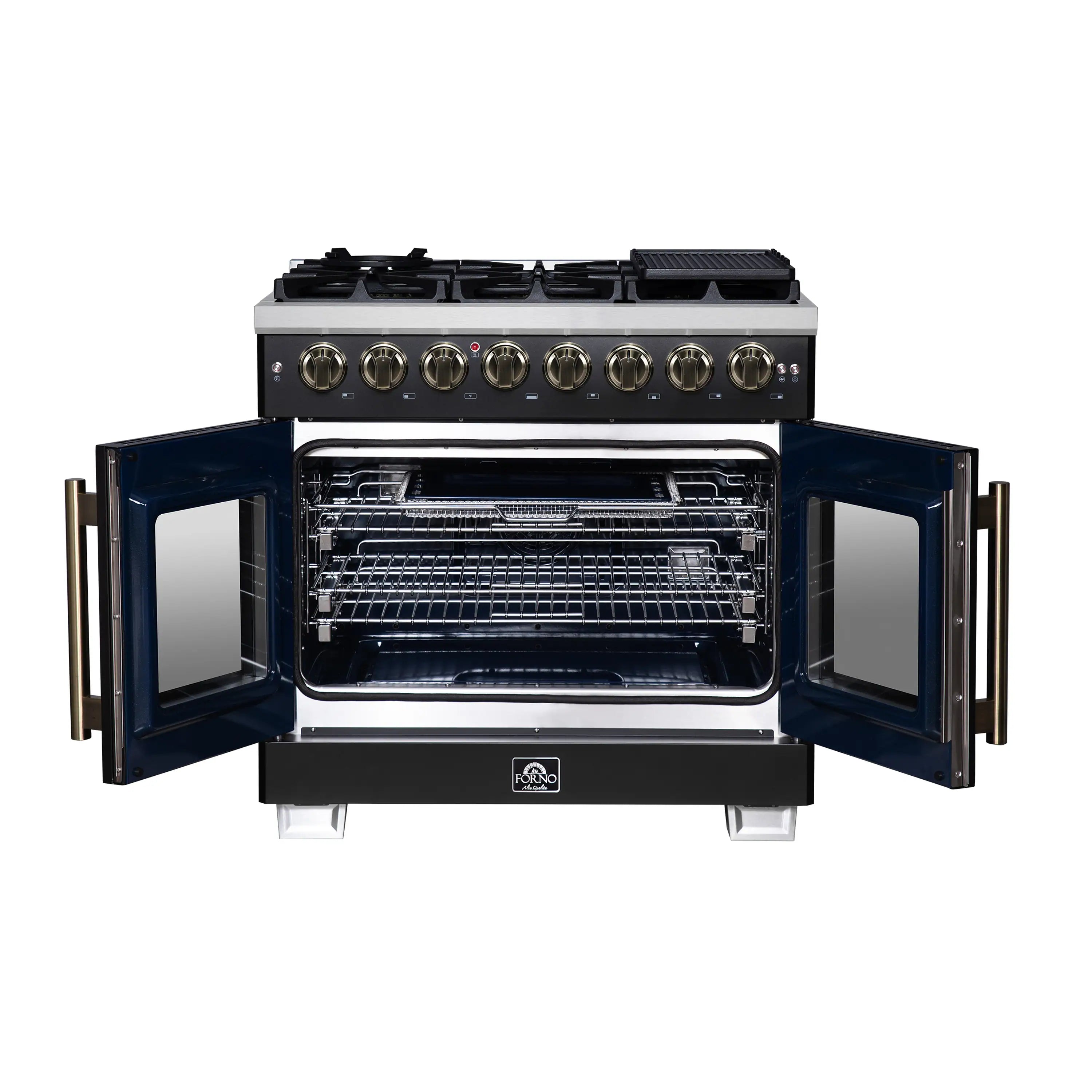 Forno Capriasca 36-Inch Freestanding French Door Dual Fuel Range in Black with Antique Brass Handle (FFSGS6387-36BLK)