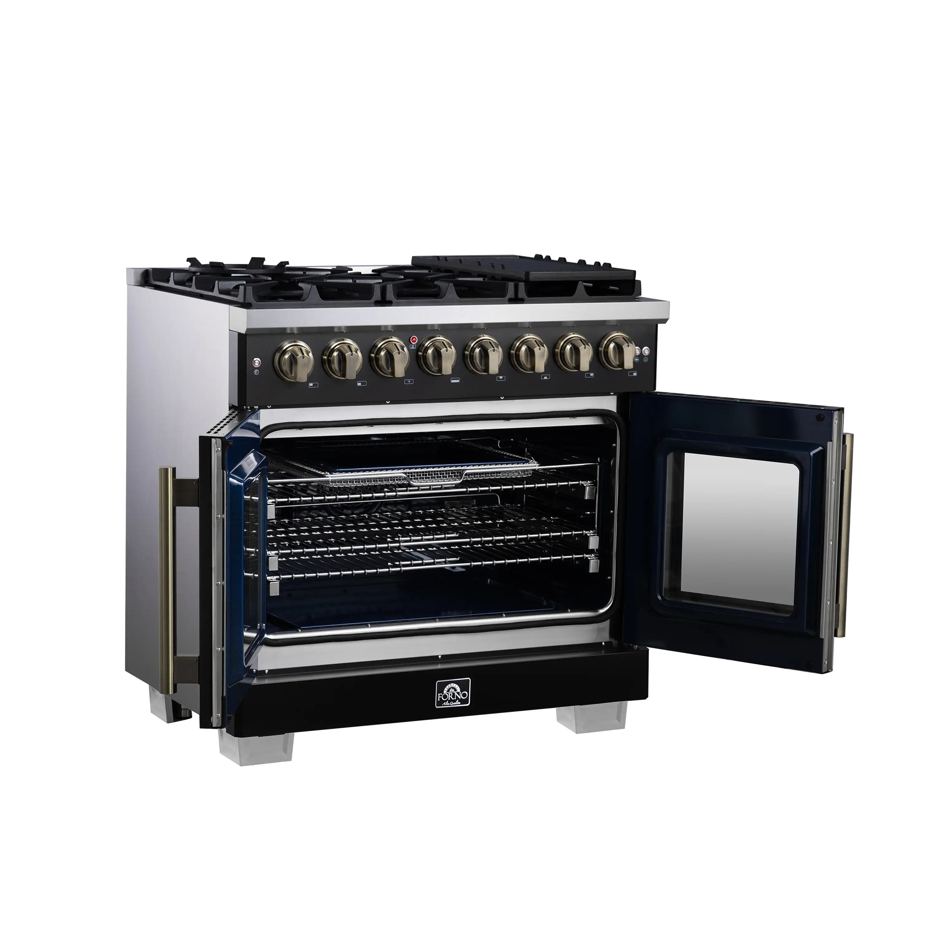 Forno Capriasca 36-Inch Freestanding French Door Dual Fuel Range in Black with Antique Brass Handle (FFSGS6387-36BLK)