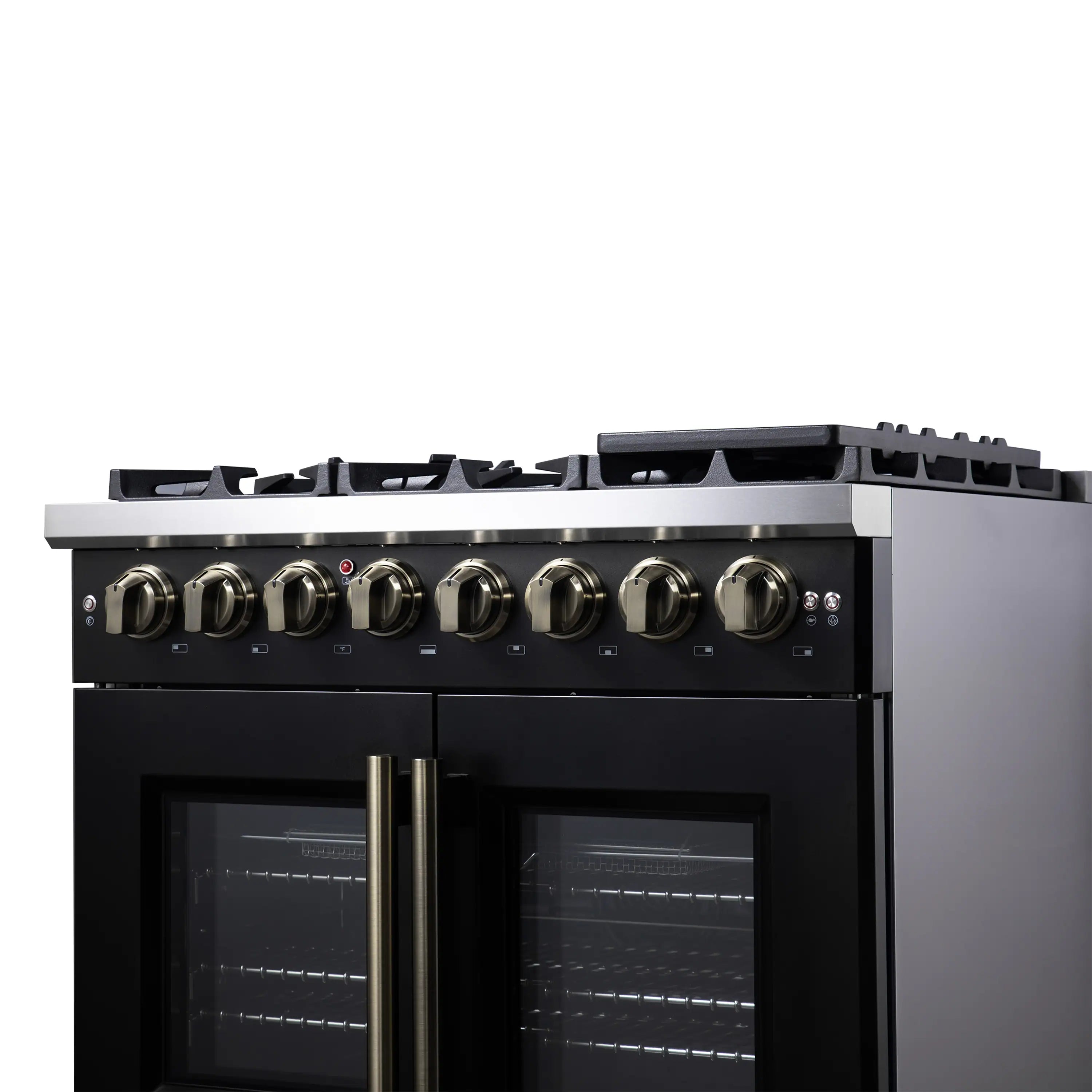 Forno Capriasca 36-Inch Freestanding French Door Dual Fuel Range in Black with Antique Brass Handle (FFSGS6387-36BLK)