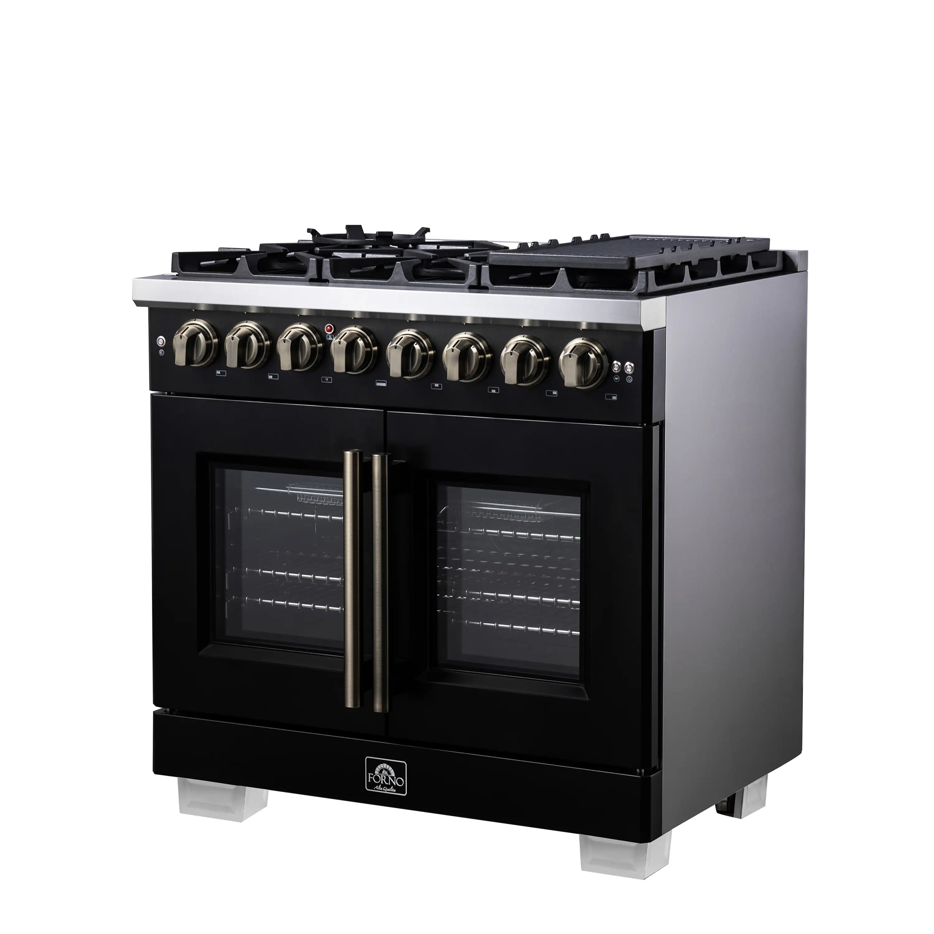 Forno Capriasca 36-Inch Freestanding French Door Dual Fuel Range in Black with Antique Brass Handle (FFSGS6387-36BLK)