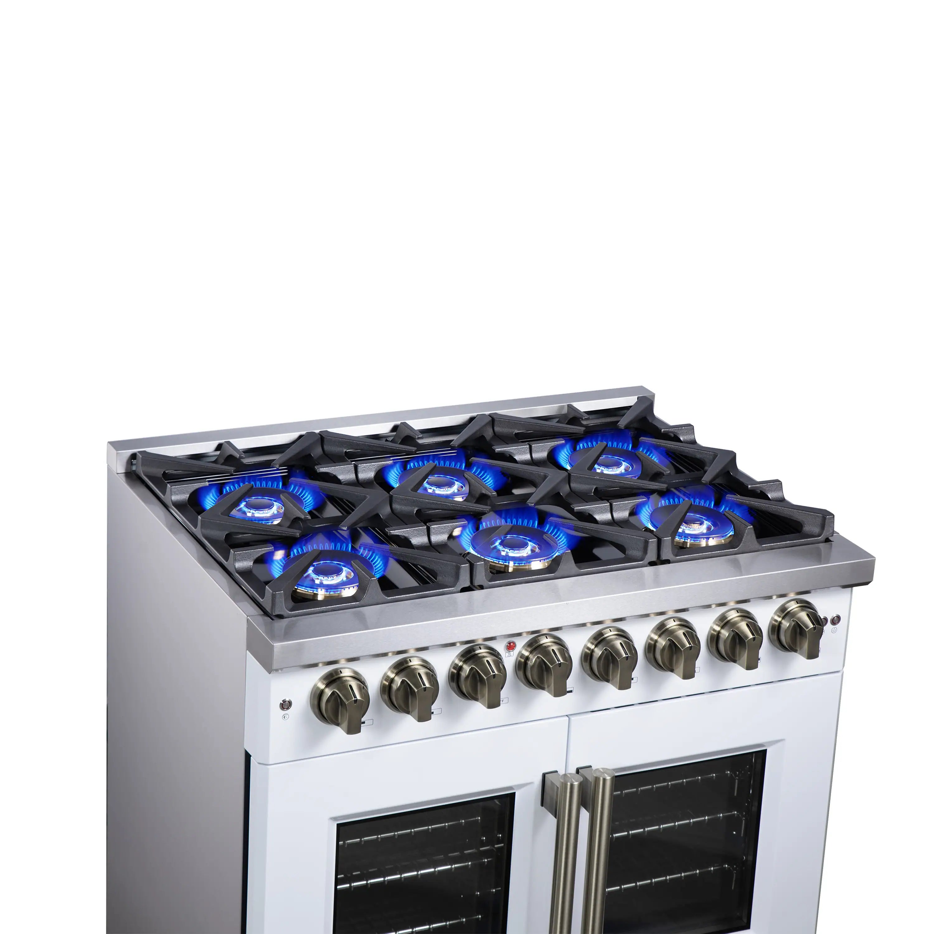 Forno Capriasca 36-Inch Freestanding French Door Dual Fuel Range in White with Antique Brass Handle (FFSGS6387-36WHT)