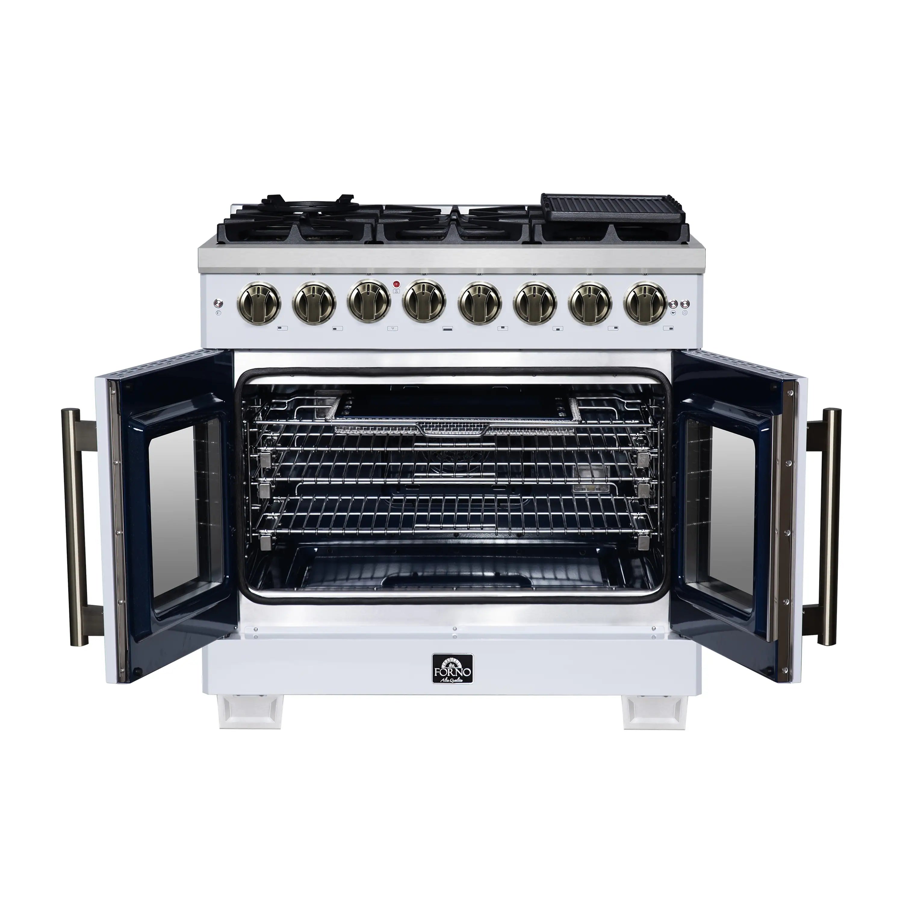 Forno Capriasca 36-Inch Freestanding French Door Dual Fuel Range in White with Antique Brass Handle (FFSGS6387-36WHT)