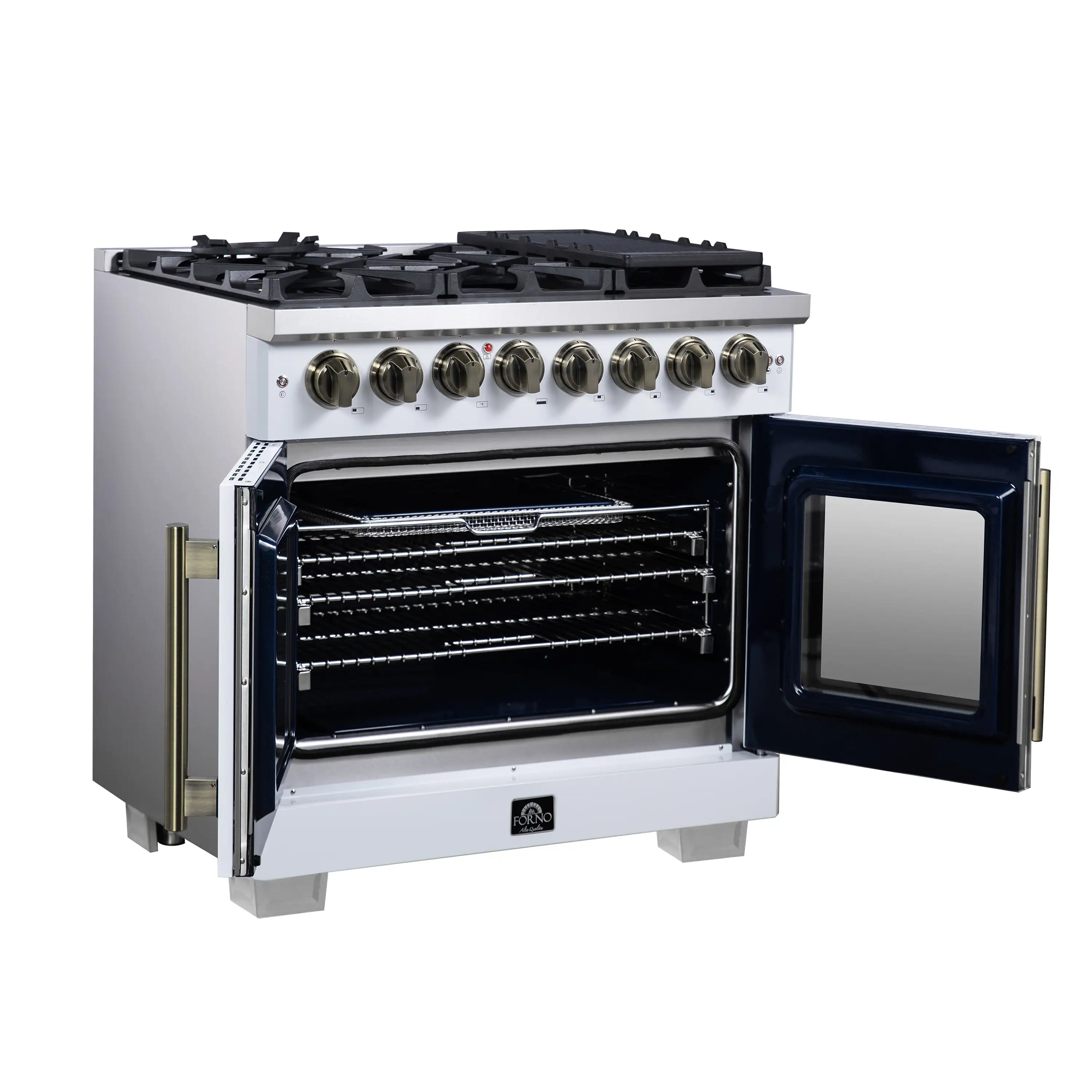 Forno Capriasca 36-Inch Freestanding French Door Dual Fuel Range in White with Antique Brass Handle (FFSGS6387-36WHT)