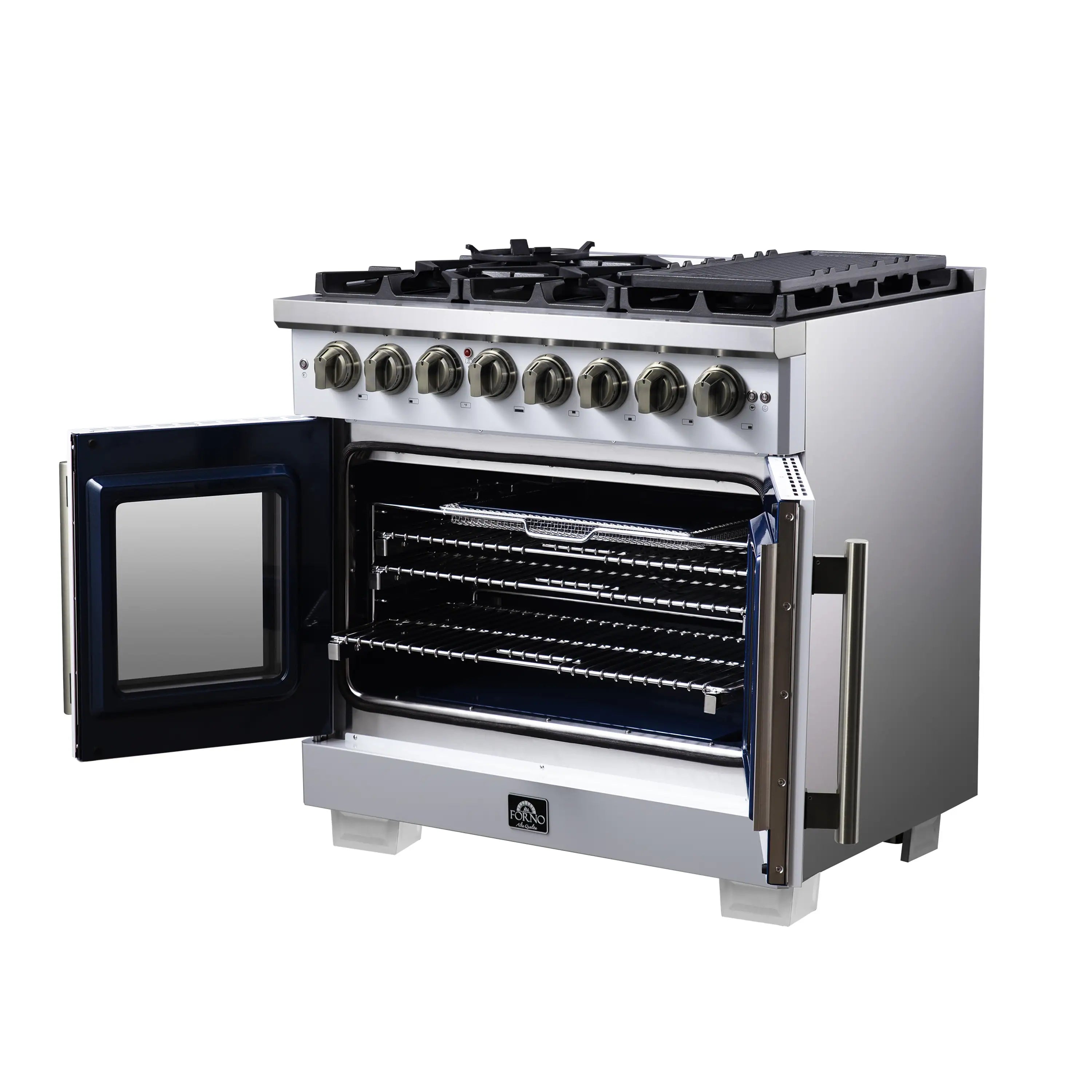 Forno Capriasca 36-Inch Freestanding French Door Dual Fuel Range in White with Antique Brass Handle (FFSGS6387-36WHT)