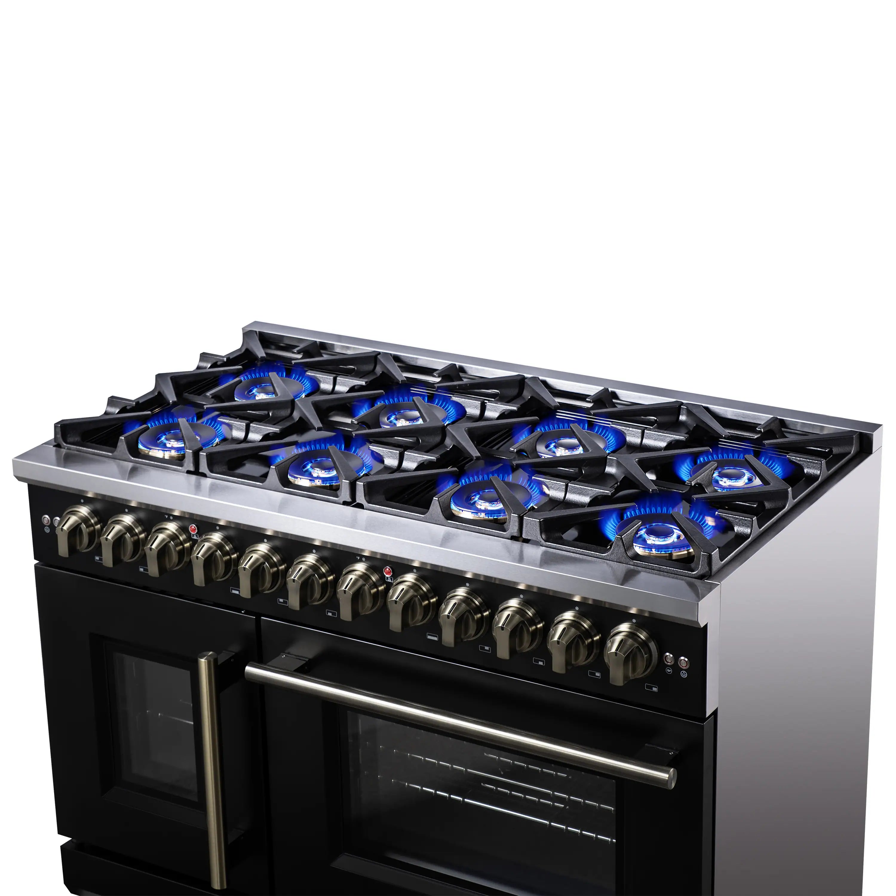 Forno Capriasca 48-Inch Freestanding French Door Dual Fuel Range in Black with Antique Brass Handle (FFSGS6387-48BLK)