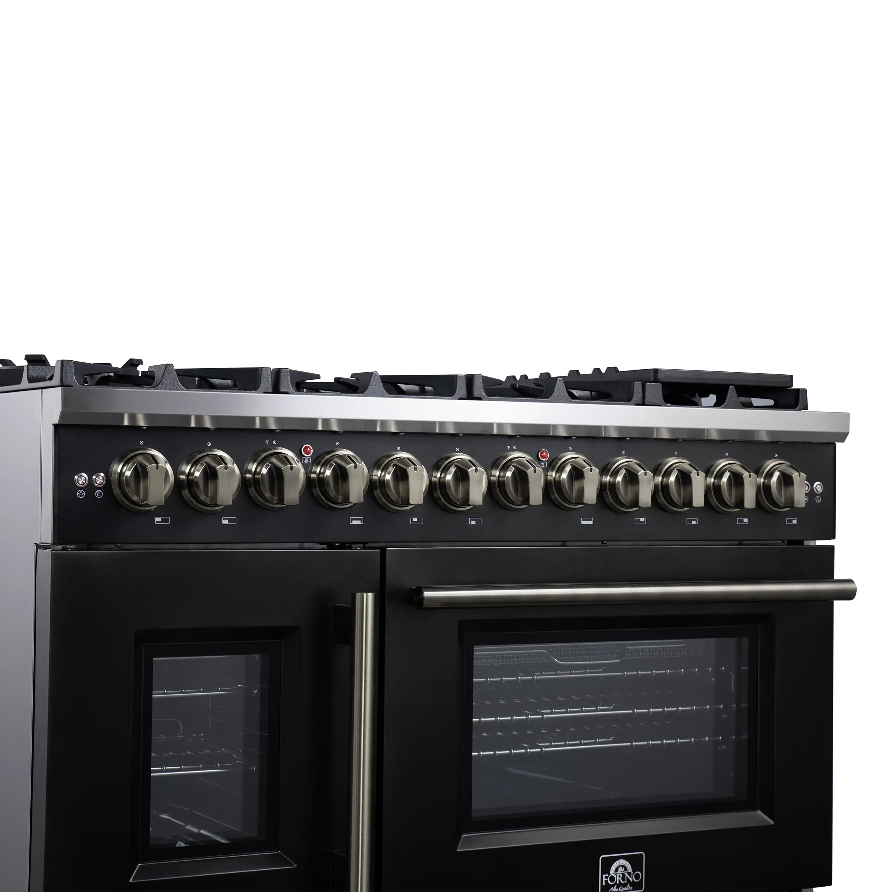 Forno Capriasca 48-Inch Freestanding French Door Dual Fuel Range in Black with Antique Brass Handle (FFSGS6387-48BLK)