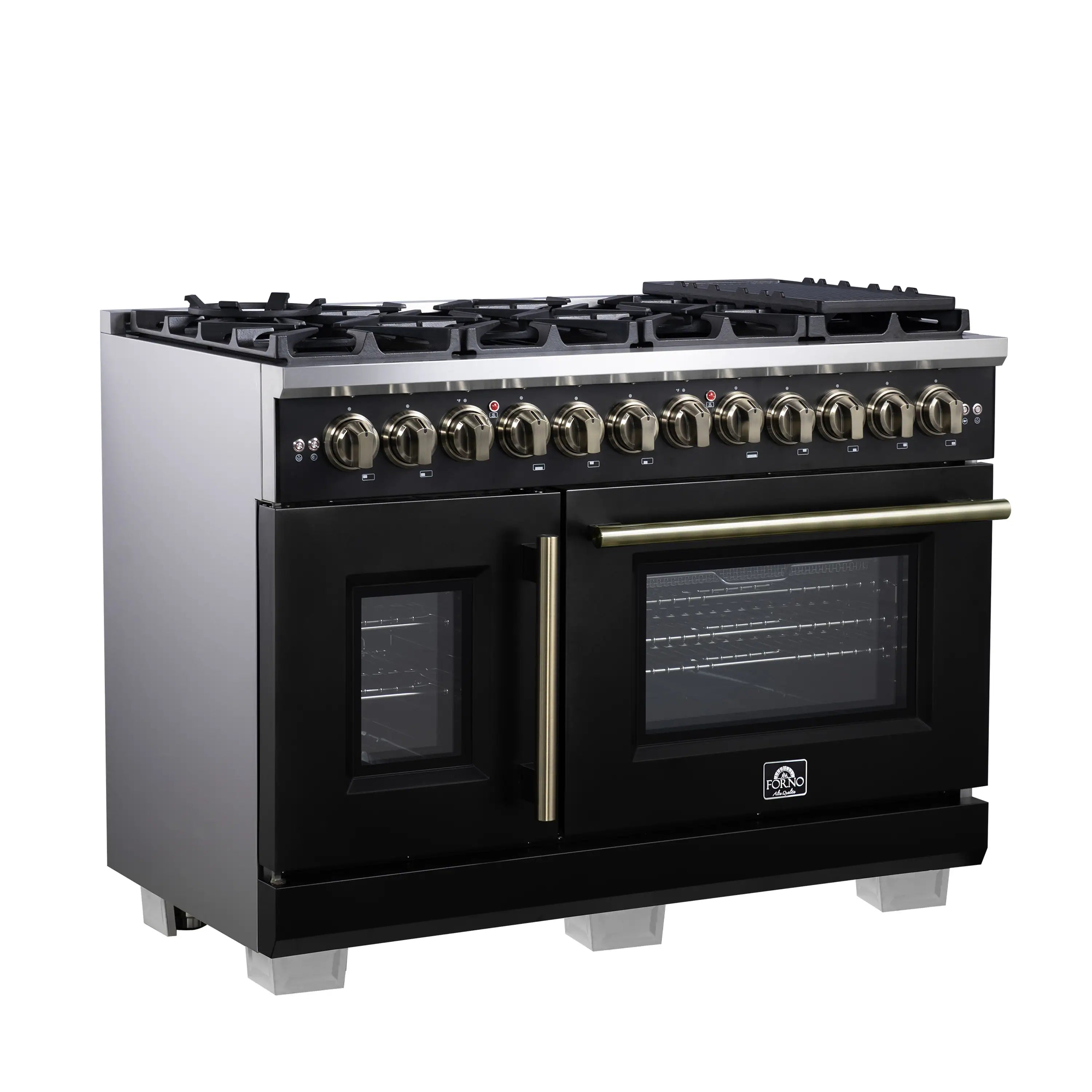 Forno Capriasca 48-Inch Freestanding French Door Dual Fuel Range in Black with Antique Brass Handle (FFSGS6387-48BLK)