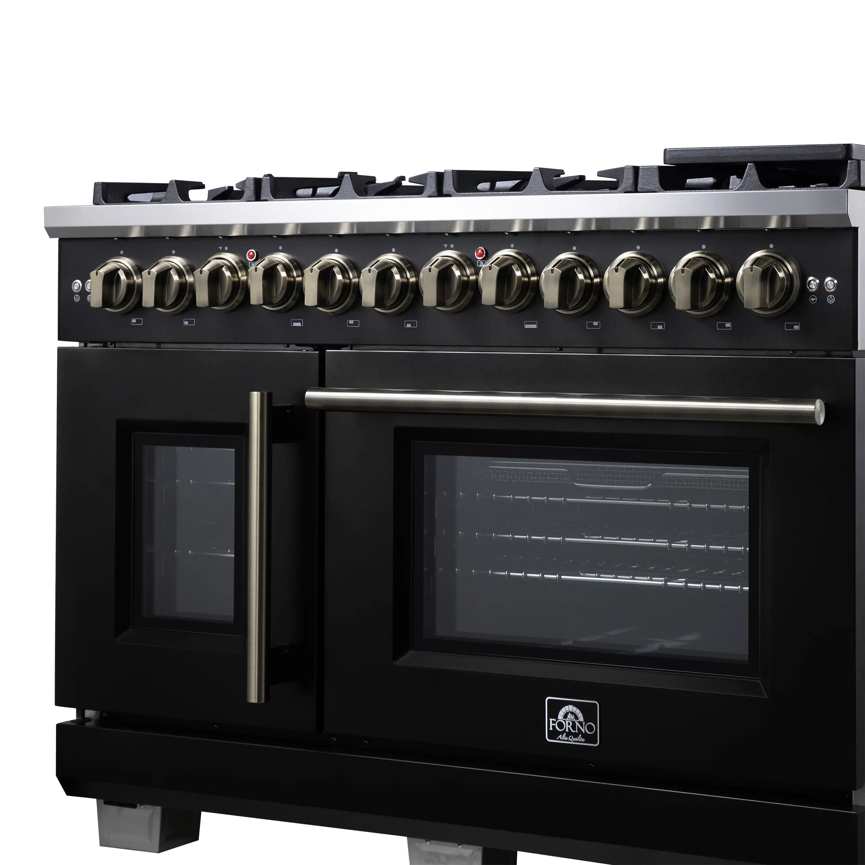 Forno Capriasca 48-Inch Freestanding French Door Dual Fuel Range in Black with Antique Brass Handle (FFSGS6387-48BLK)