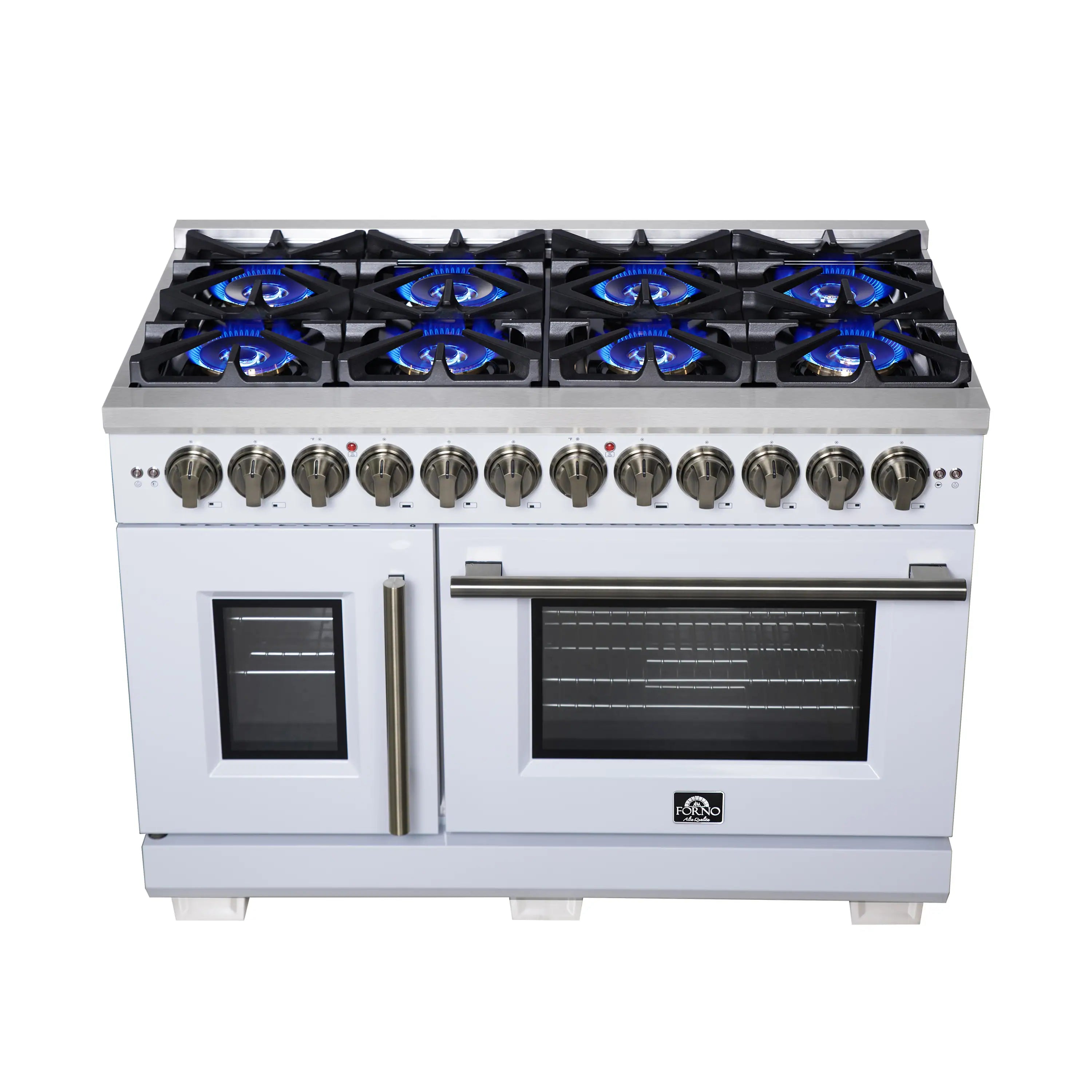 Forno Capriasca 48-Inch Freestanding French Door Dual Fuel Range in White with Antique Brass Handle (FFSGS6387-48WHT)