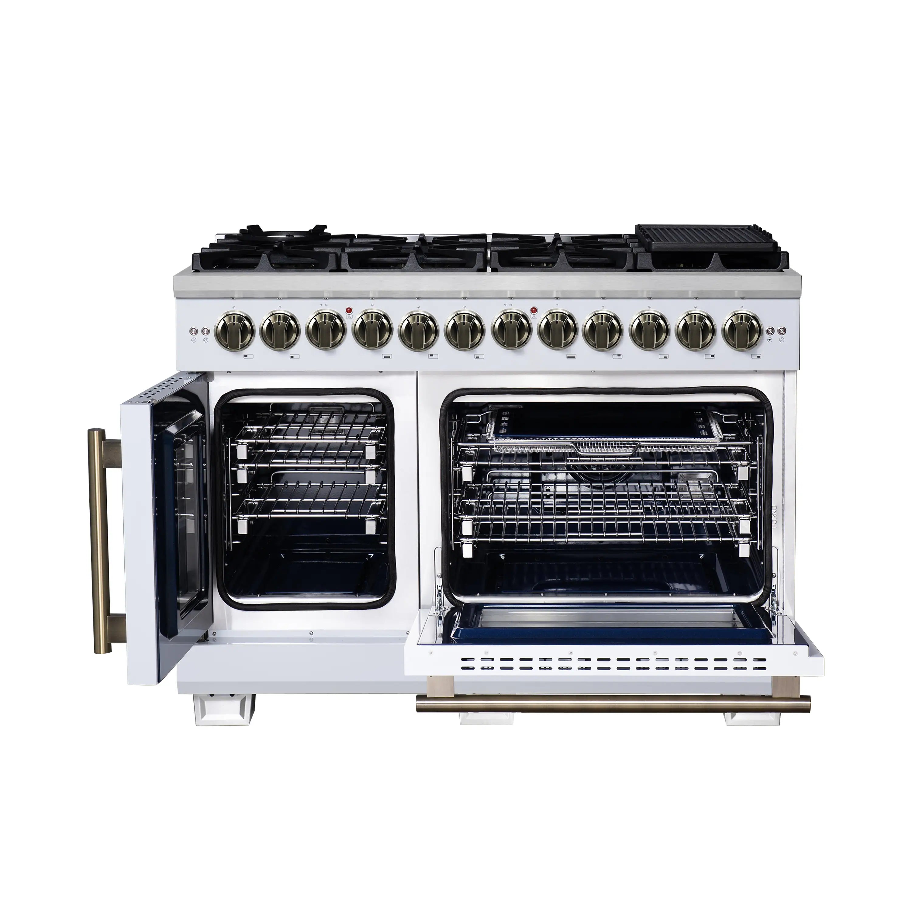 Forno Capriasca 48-Inch Freestanding French Door Dual Fuel Range in White with Antique Brass Handle (FFSGS6387-48WHT)