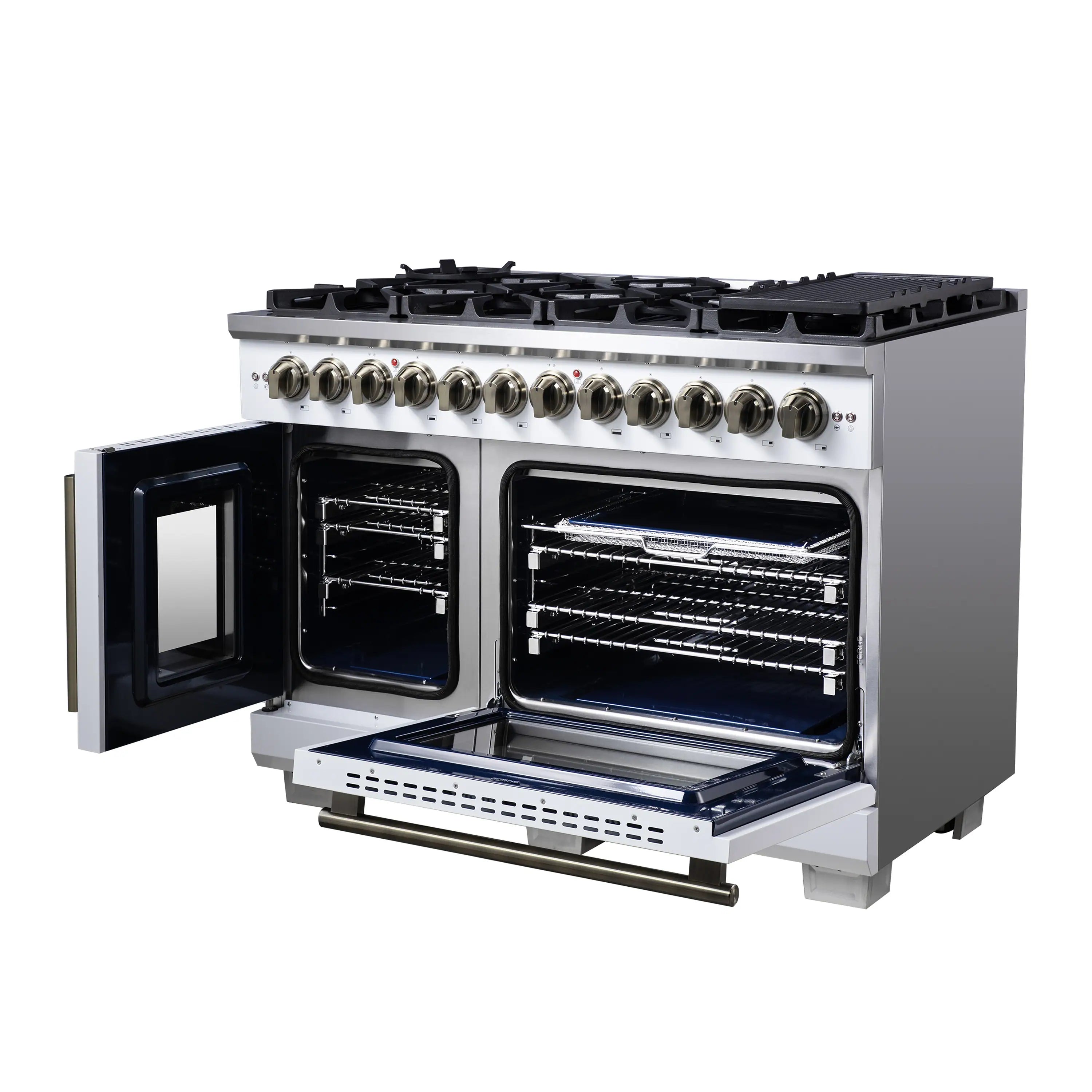 Forno Capriasca 48-Inch Freestanding French Door Dual Fuel Range in White with Antique Brass Handle (FFSGS6387-48WHT)