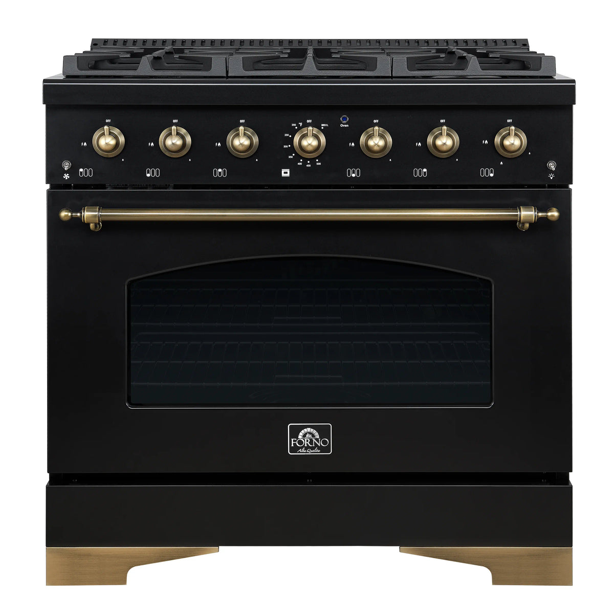 Forno 4-Piece Appliance Package - 36-Inch Dual Fuel Range, 60-Inch Convertible Refrigerator with Modern Grille Trim, Dishwasher, and 30-Inch Microwave Oven in Black with Antique Brass Trim