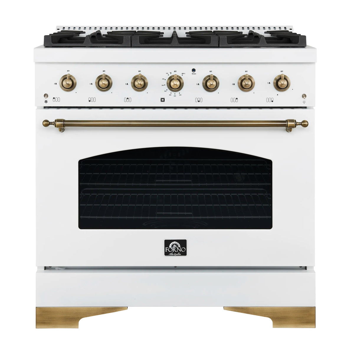 Forno 4-Piece Appliance Package - 36-Inch Dual Fuel Range, 60-Inch Refrigerator, Dishwasher, & 24-Inch Microwave Drawer in White with Antique Brass Trim