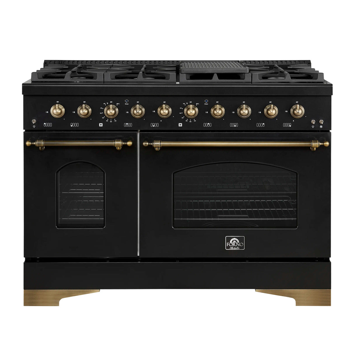 Forno 4-Piece Appliance Package - 48-Inch Dual Fuel Range, 60-Inch Convertible Refrigerator with Modern Grille Trim, Dishwasher, in Black with Antique Brass Trim