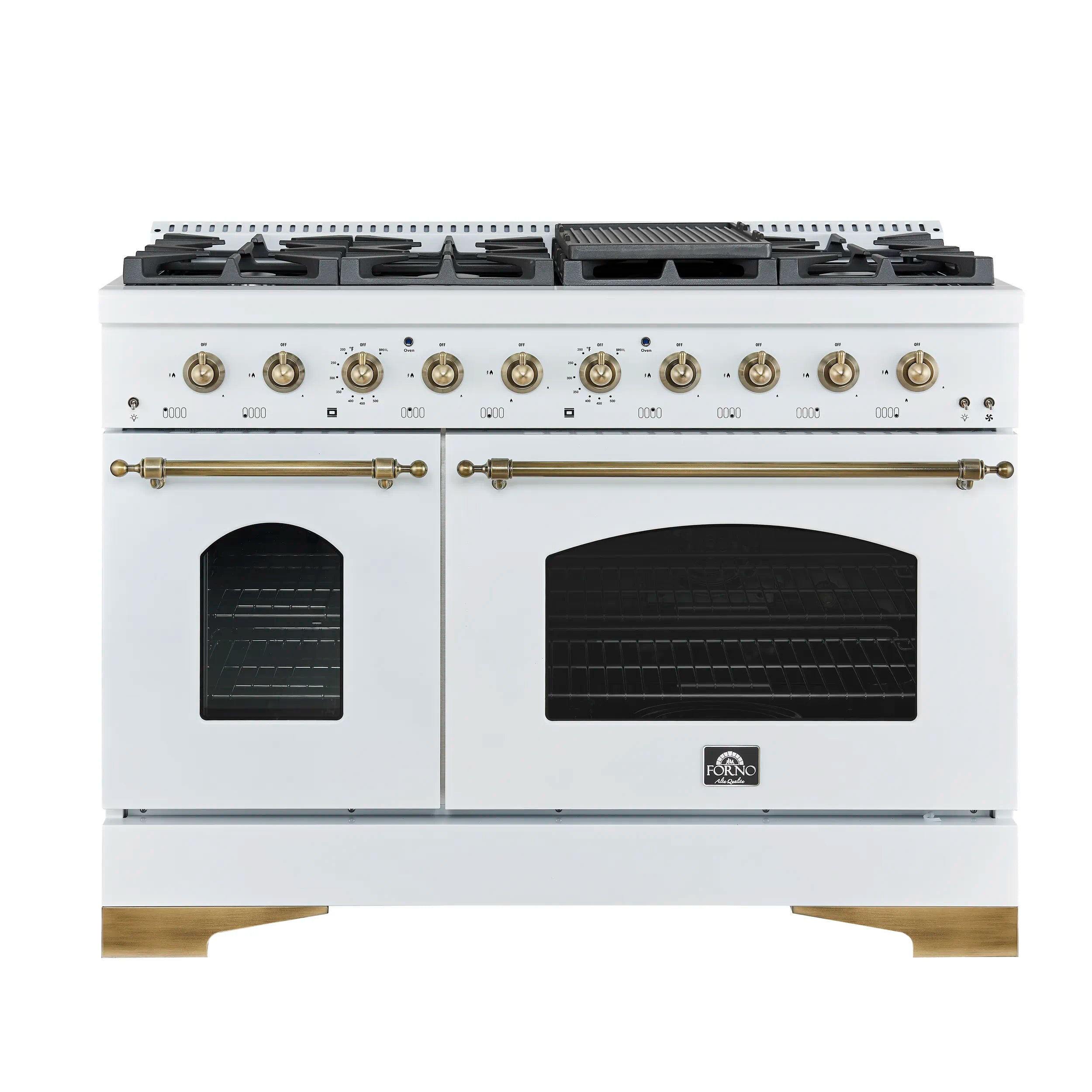 Forno Antico 48-inch Dual Fuel Range with 8 Gas Burner Cooktop and 5.5 Cu.Ft. Electric Convection Oven in White with Antique Brass Trim (FFSGS6113-48WHT)