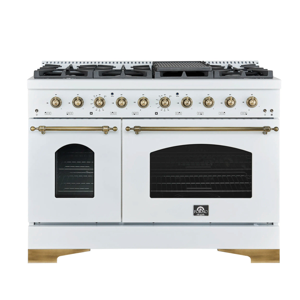 Forno 5-Piece Appliance Package - 48-Inch Antico Dual Fuel Range, Wall Mount Range Hood, 60-Inch Refrigerator, Dishwasher, & 24-Inch Microwave Oven in White with Antique Brass Trim