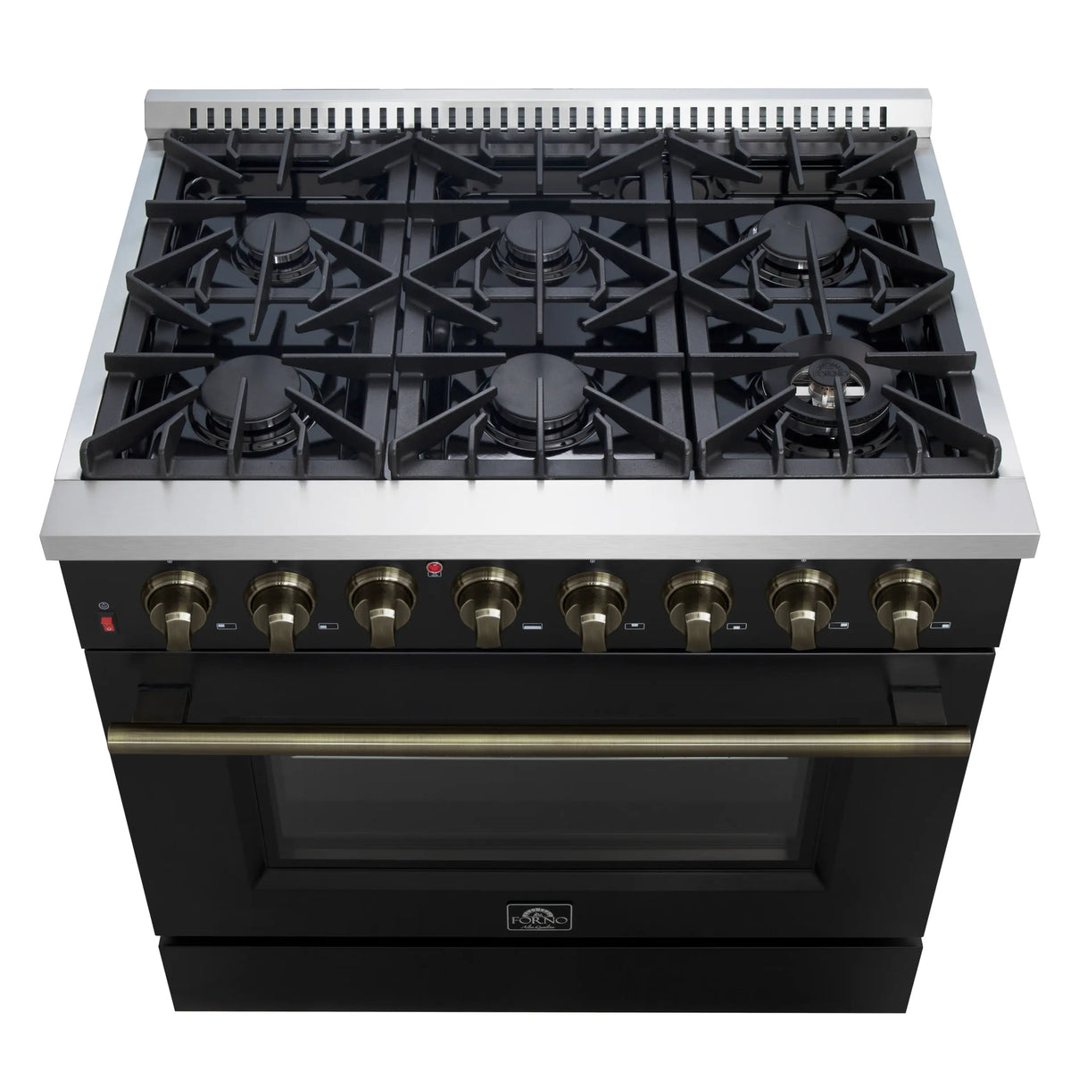 Forno Galiano 5-Piece Appliance Package - 36-Inch Dual Fuel Range, 36-Inch Hood, 36-Inch Refrigerator, 24-Inch Dishwasher, & 30-Inch Microwave Drawer in Black with Antique Brass Trim
