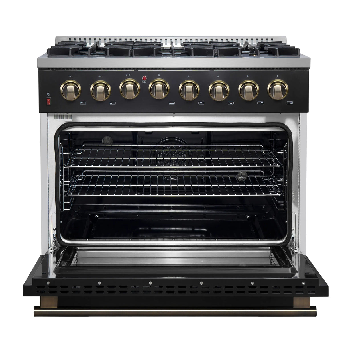 Forno Galiano 3-Piece Appliance Package - 36-Inch Dual Fuel Range, 36-Inch Refrigerator, & 24-Inch Dishwasher in Black with Antique Brass Trim