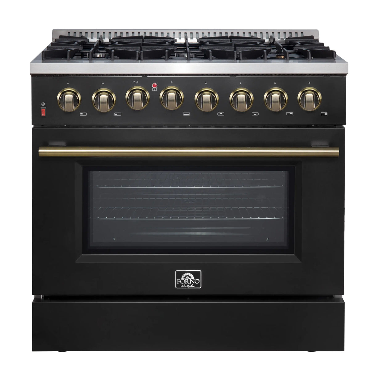 Forno 4-Piece Appliance Package - 36-Inch Dual Fuel Range, 60-Inch Convertible Refrigerator with Modern Trim, Dishwasher, and 30-Inch Microwave Oven in Black with Antique Brass Trim