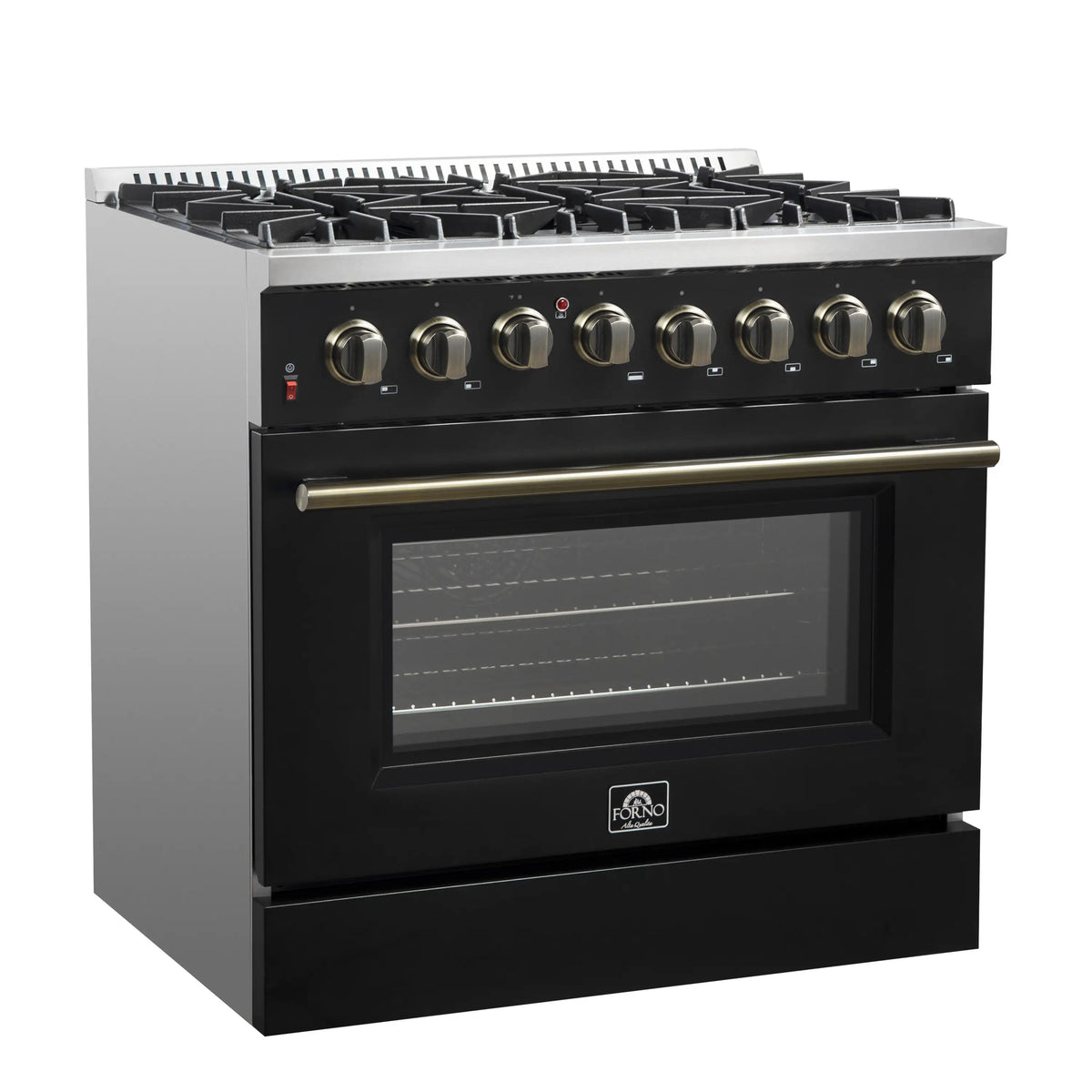 Forno 5-Piece Appliance Package - 36-Inch Dual Fuel Range, Wall Mount Range Hood, 60-Inch Convertible Refrigerator with Modern Trim, Dishwasher, and 24-Inch Microwave Oven in Black with Antique Brass Trim