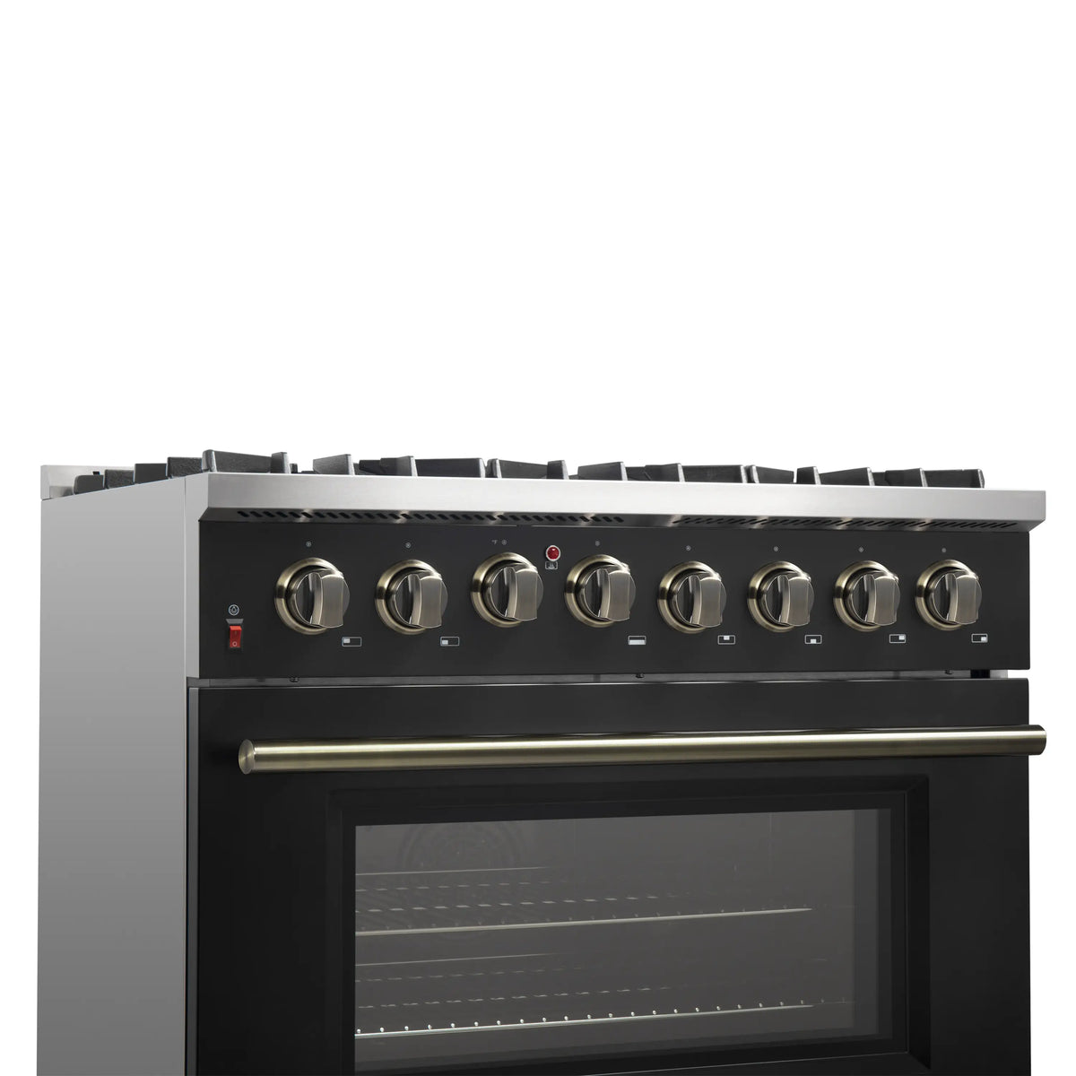 Forno 5-Piece Appliance Package - 36-Inch Dual Fuel Range, Wall Mount Range Hood, 60-Inch Convertible Refrigerator with Modern Trim, Dishwasher, and 24-Inch Microwave Drawer in Black with Antique Brass Trim