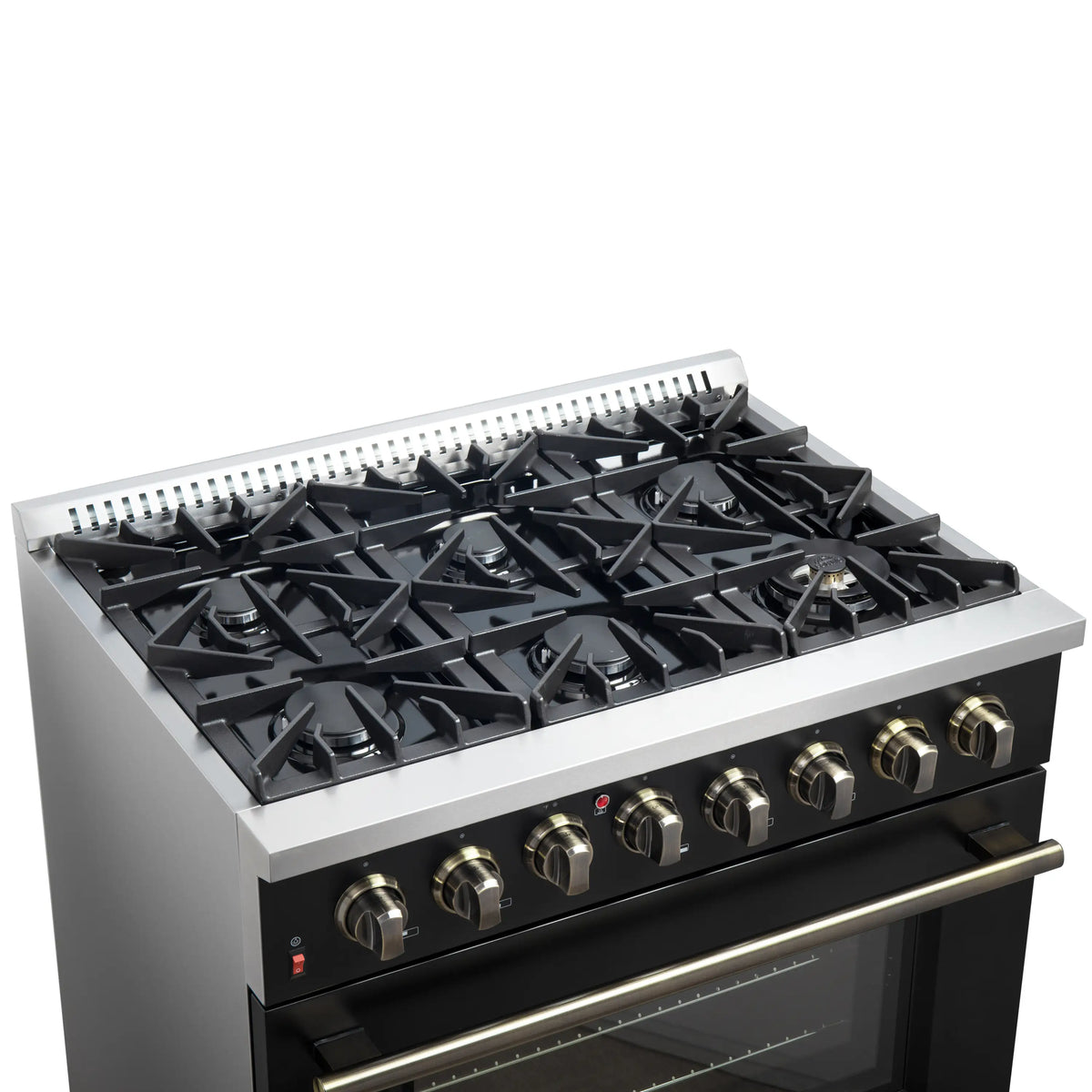 Forno 5-Piece Appliance Package - 36-Inch Dual Fuel Range, Wall Mount Range Hood, 60-Inch Convertible Refrigerator with Modern Trim, Dishwasher, and 24-Inch Microwave Oven in Black with Antique Brass Trim