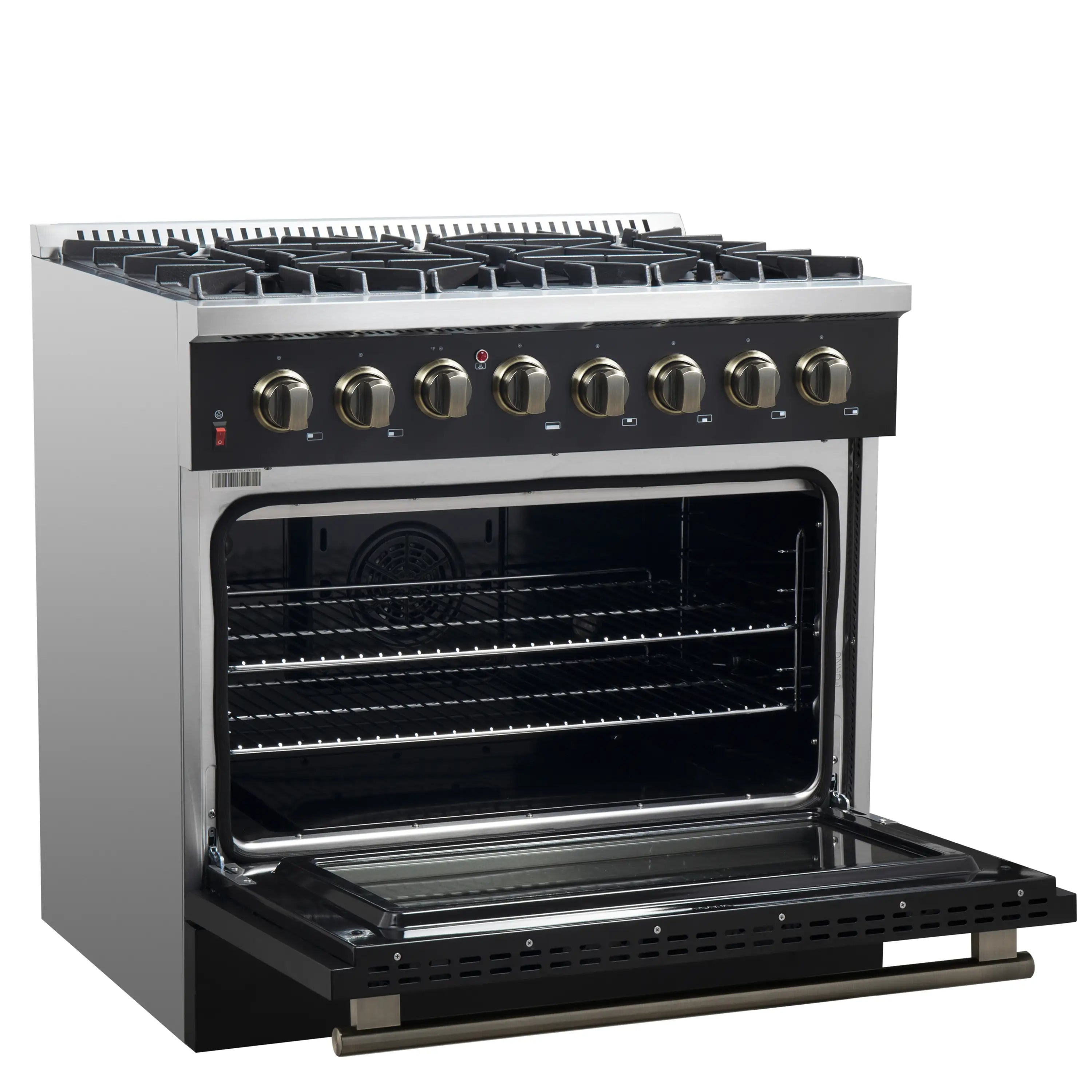 Forno Galiano 36-Inch Dual Fuel Range with 6 Gas Burners and 5.36 Cu.Ft. Electric Convection Oven in Black with Antique Brass Trim (FFSGS6156-36BLK)