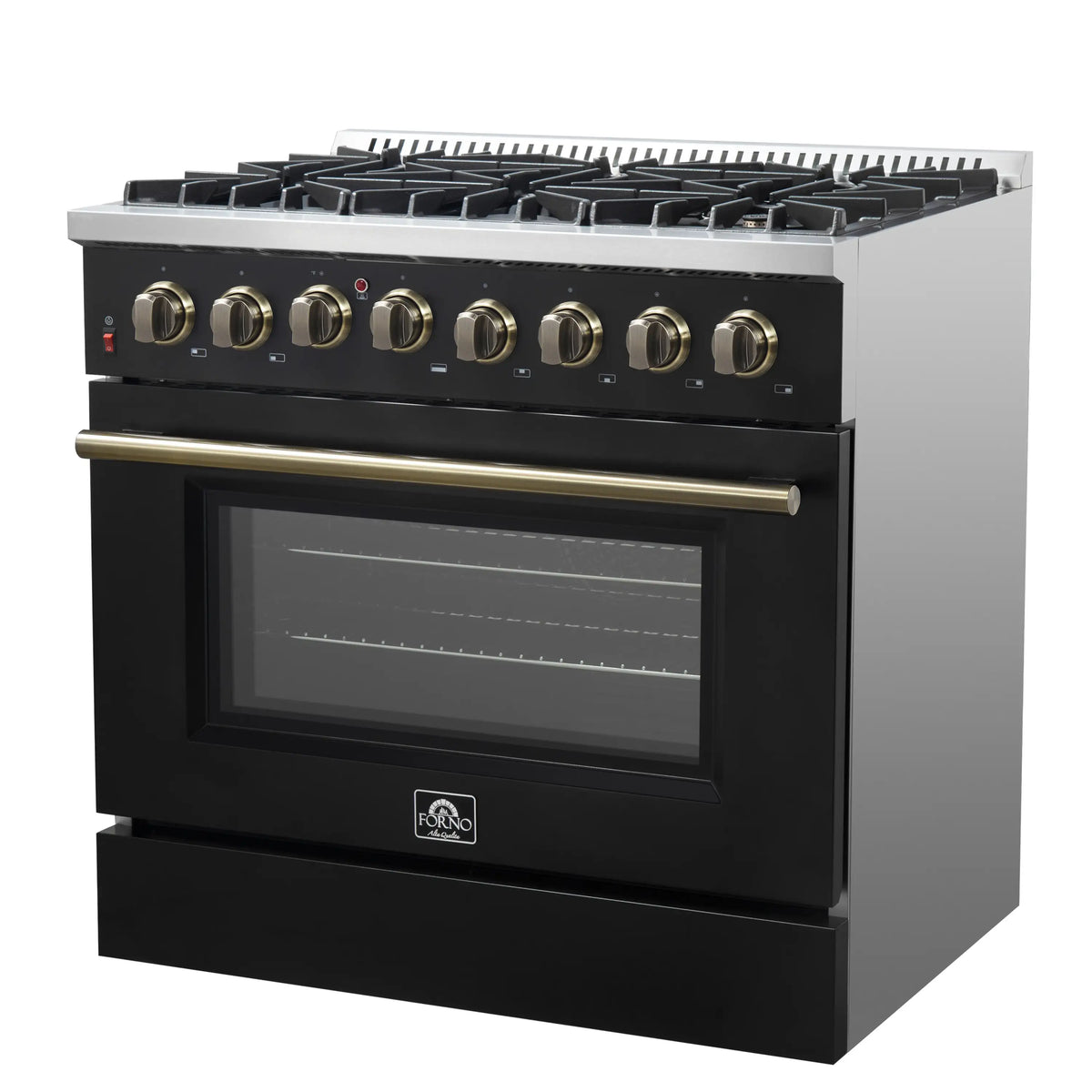 Forno 4-Piece Appliance Package - 36-Inch Dual Fuel Range, 60-Inch Convertible Refrigerator with Modern Trim, Dishwasher, and 30-Inch Microwave Oven in Black with Antique Brass Trim