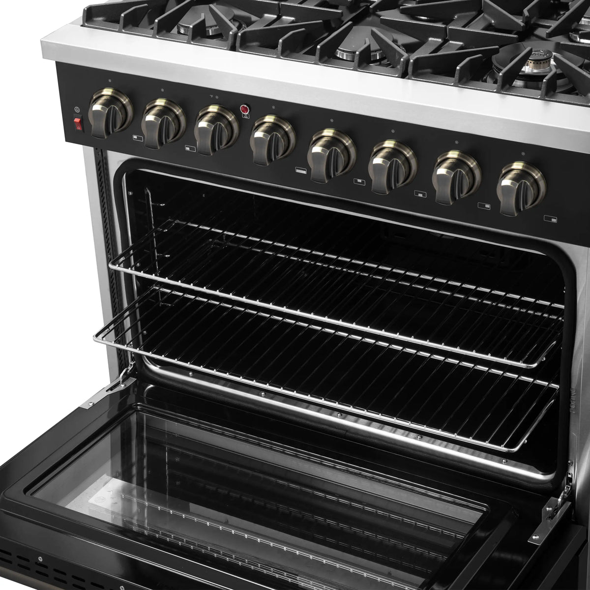 Forno 5-Piece Appliance Package - 36-Inch Dual Fuel Range, Wall Mount Range Hood, 60-Inch Convertible Refrigerator with Modern Trim, Dishwasher, and 24-Inch Microwave Oven in Black with Antique Brass Trim
