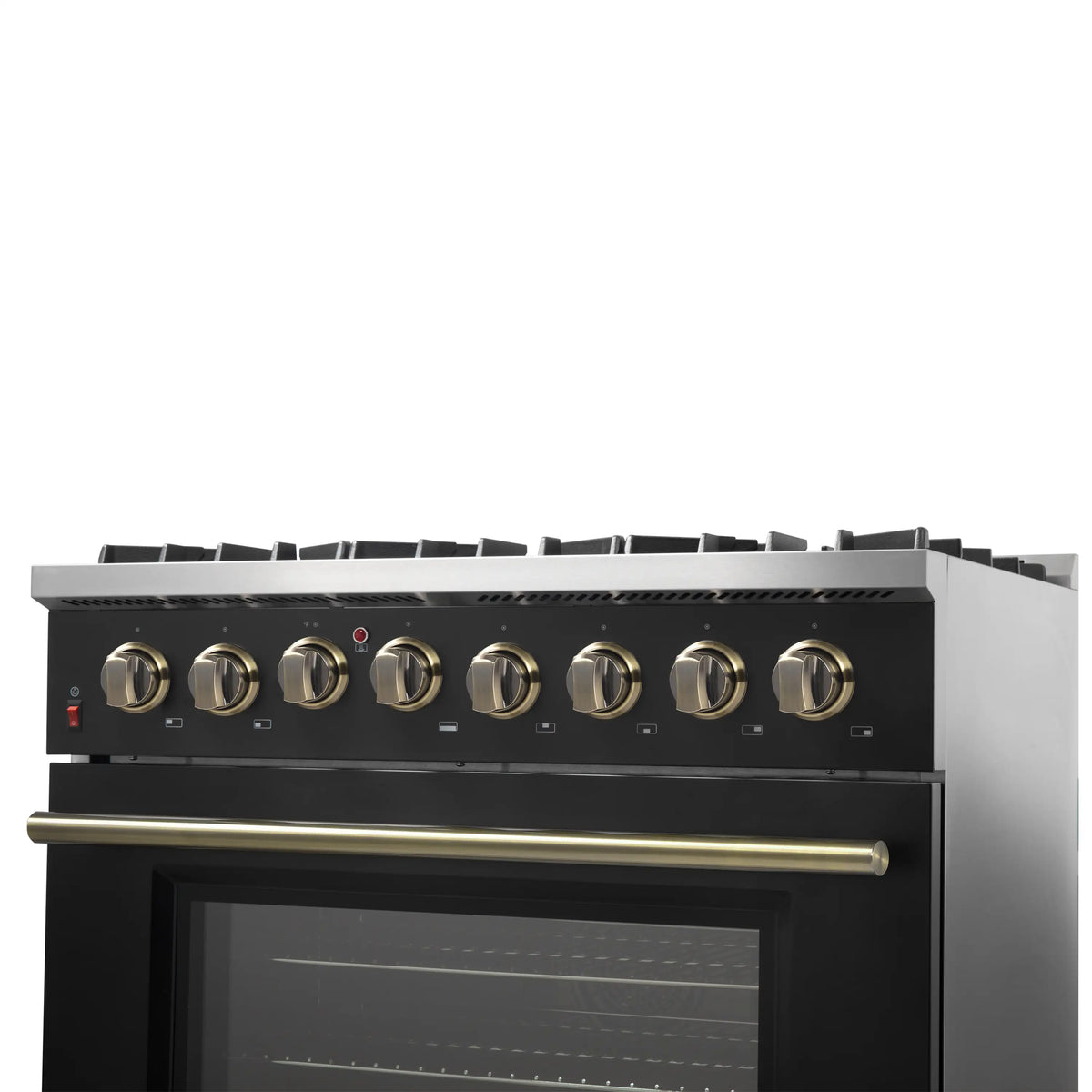 Forno 5-Piece Appliance Package - 36-Inch Dual Fuel Range, Wall Mount Range Hood, 36-Inch Refrigerator, Dishwasher, and 30-Inch Microwave Drawer in Black with Antique Brass Trim
