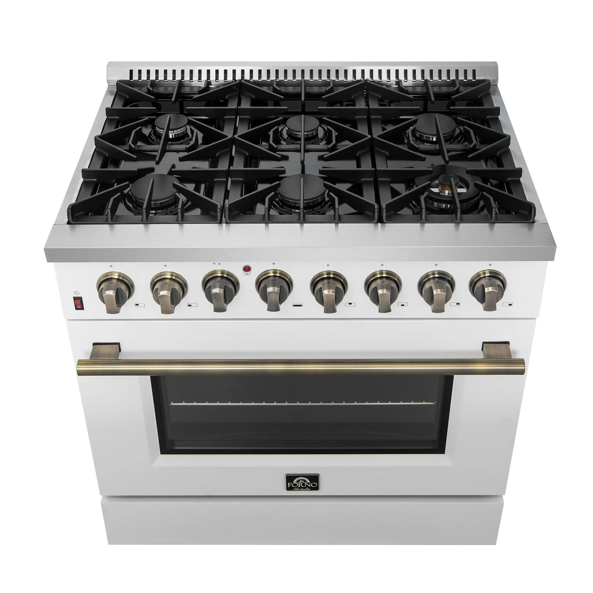 Forno 4-Piece Appliance Package - 36-Inch Dual Fuel Range, Wall Mount Range Hood, 60-Inch Built-In Convertible Refrigerator, and Dishwasher in White with Antique Brass Trim