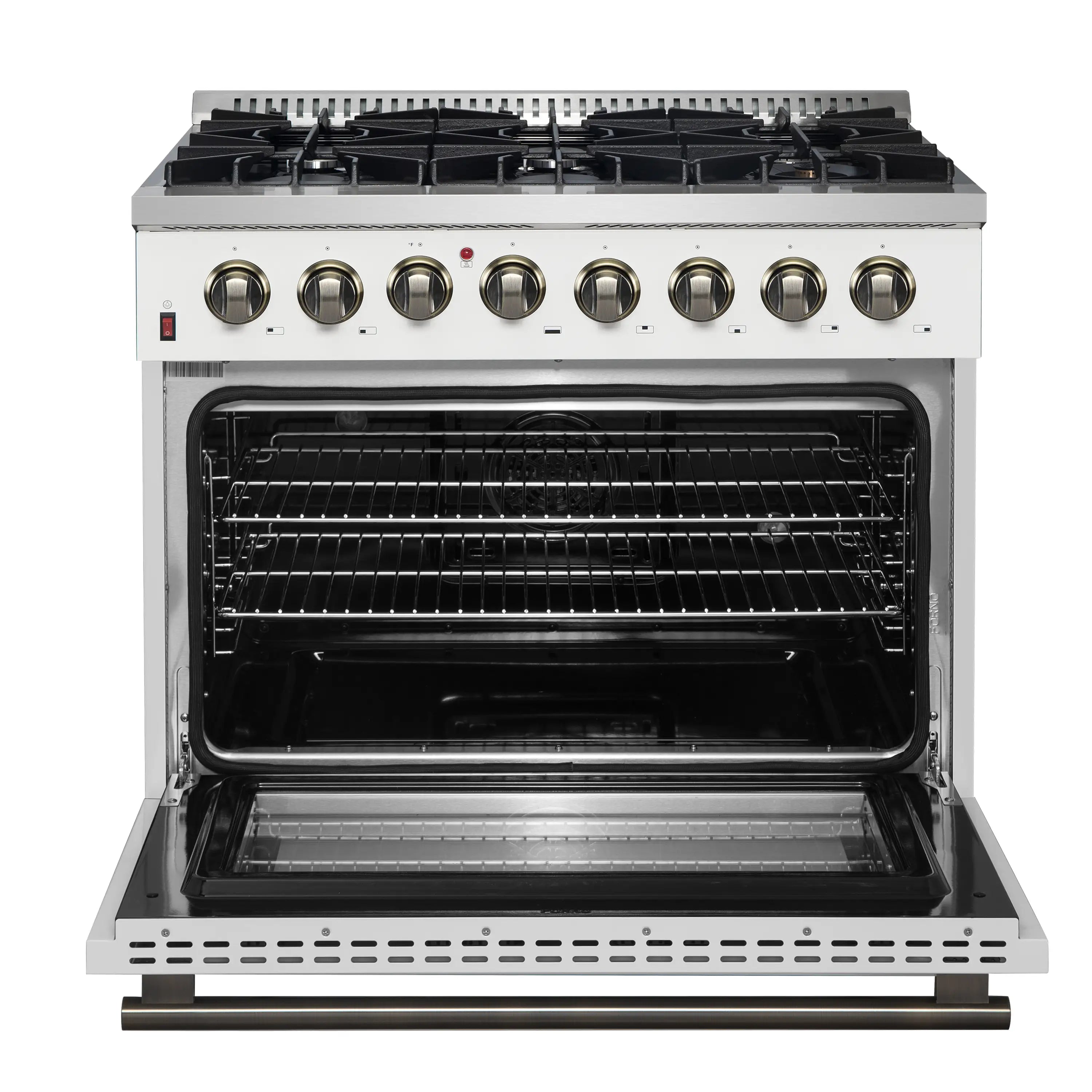 Forno Galiano 36-Inch Dual Fuel Range with 6 Gas Burners and 5.36 Cu.Ft. Electric Convection Oven in White with Antique Brass Trim (FFSGS6156-36WHT)