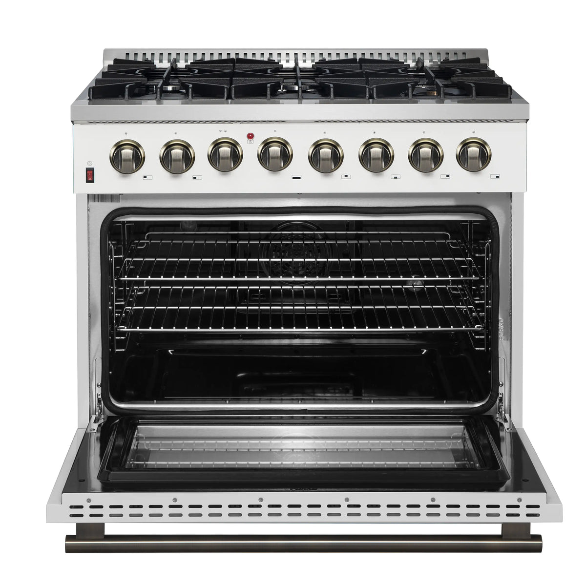 Forno 4-Piece Appliance Package - 36-Inch Galiano Dual Fuel Range, Wall Mount Range Hood, 60-Inch Refrigerator, Dishwasher in White with Antique Brass Trim